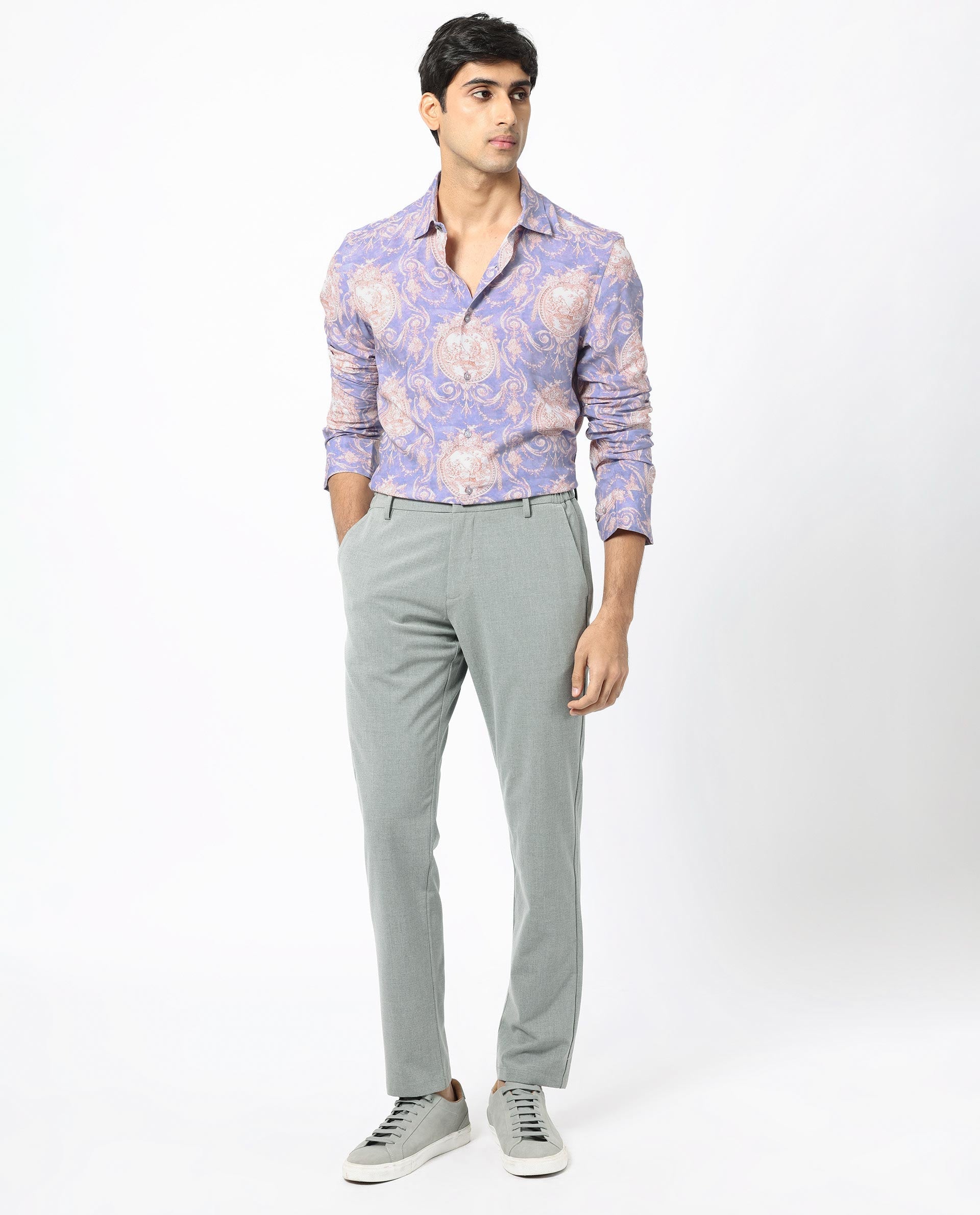 Rare Rabbit Men's Theon Dusky Purple Viscose Floral Print Regular Fit Full Sleeve Collared Shirt