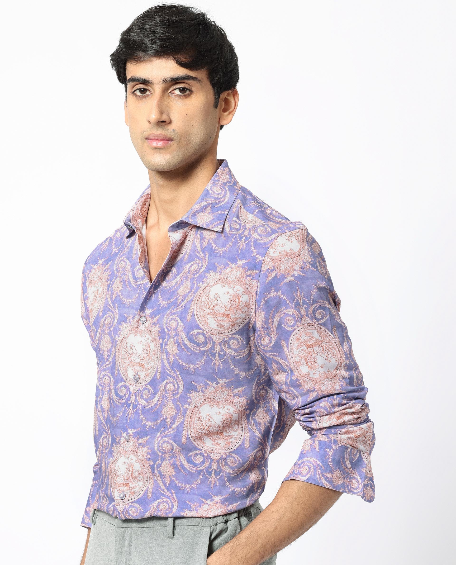 Rare Rabbit Men's Theon Dusky Purple Viscose Floral Print Regular Fit Full Sleeve Collared Shirt