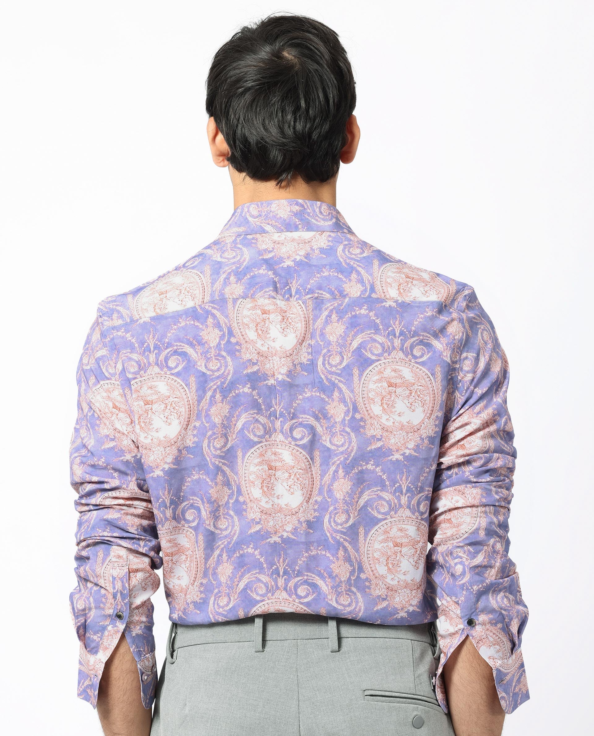Rare Rabbit Men's Theon Dusky Purple Viscose Floral Print Regular Fit Full Sleeve Collared Shirt