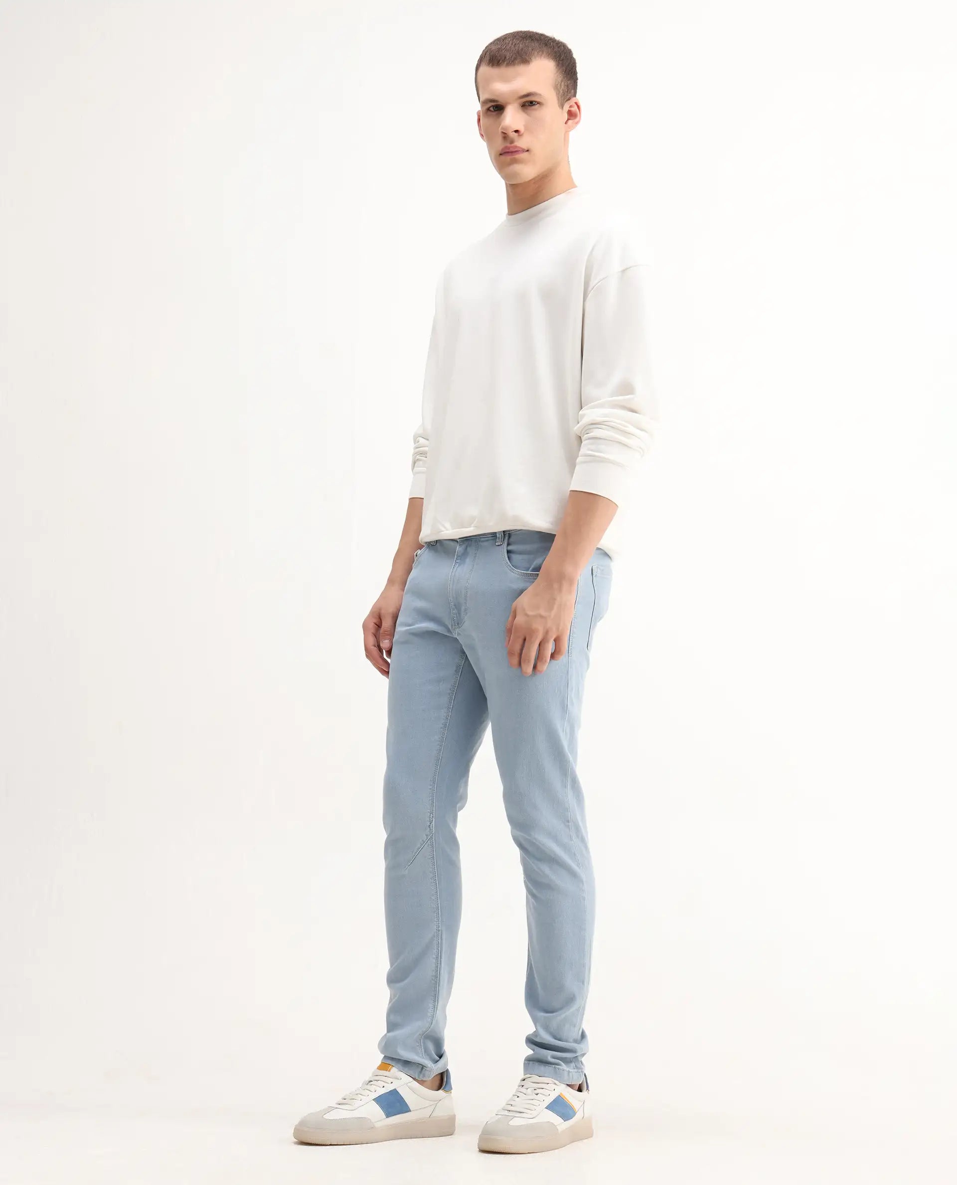Rare Rabbit Men's Toke Light Blue Cotton Plain Hawk Slim Fit Jeans
