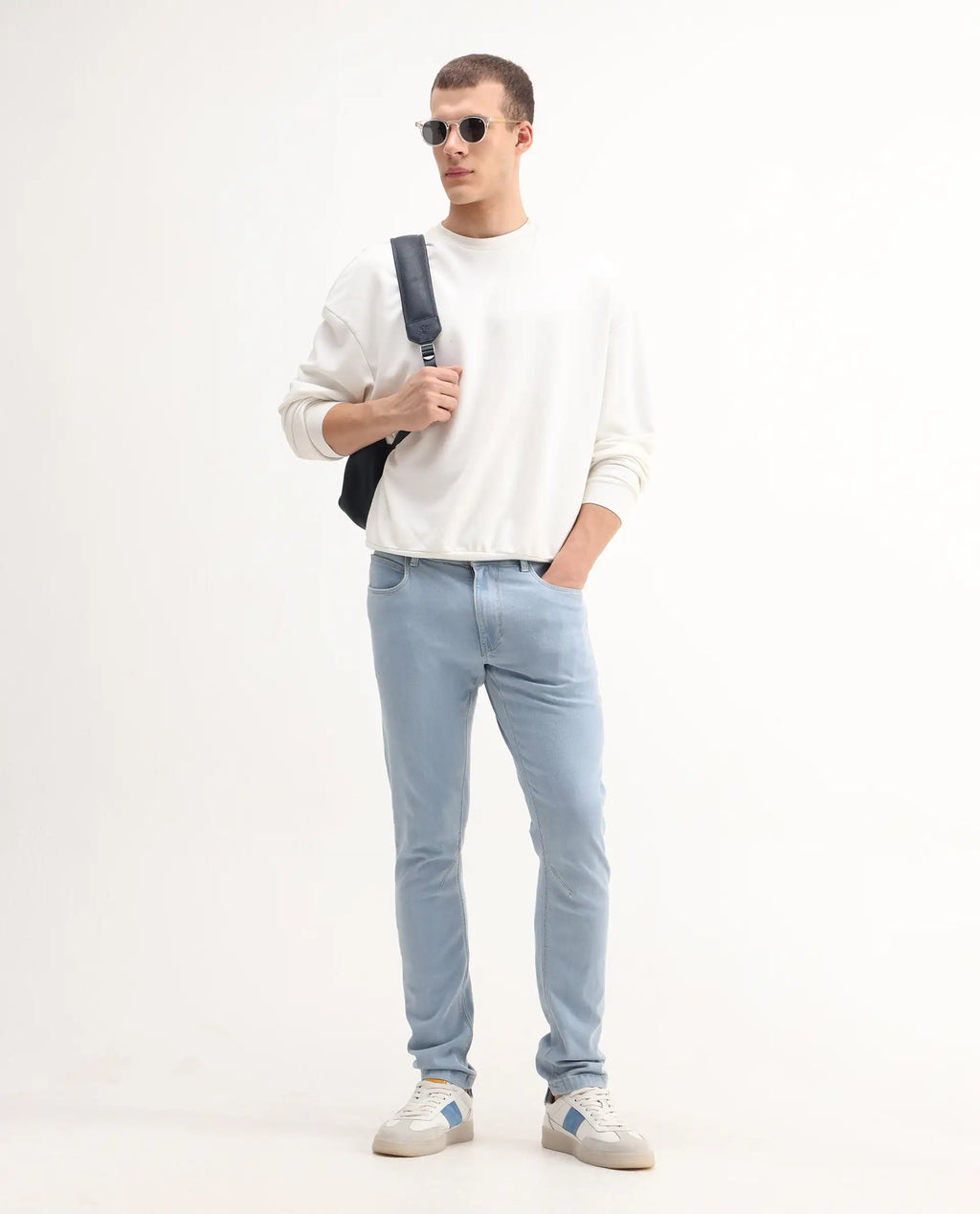 Rare Rabbit Men's Toke Light Blue Cotton Plain Hawk Slim Fit Jeans