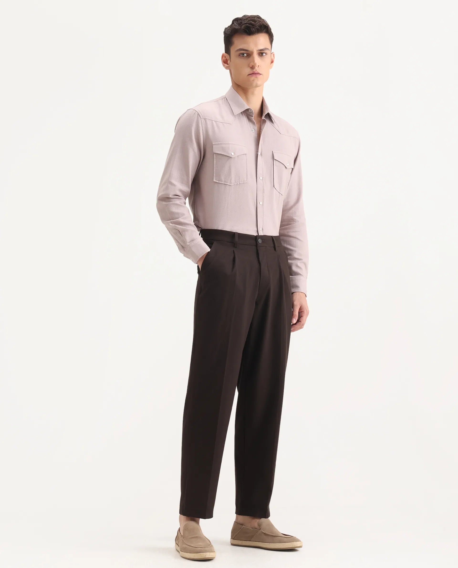 Rare Rabbit Men's Tori Dark Brown Cotton Plain Relaxed Fit Trouser