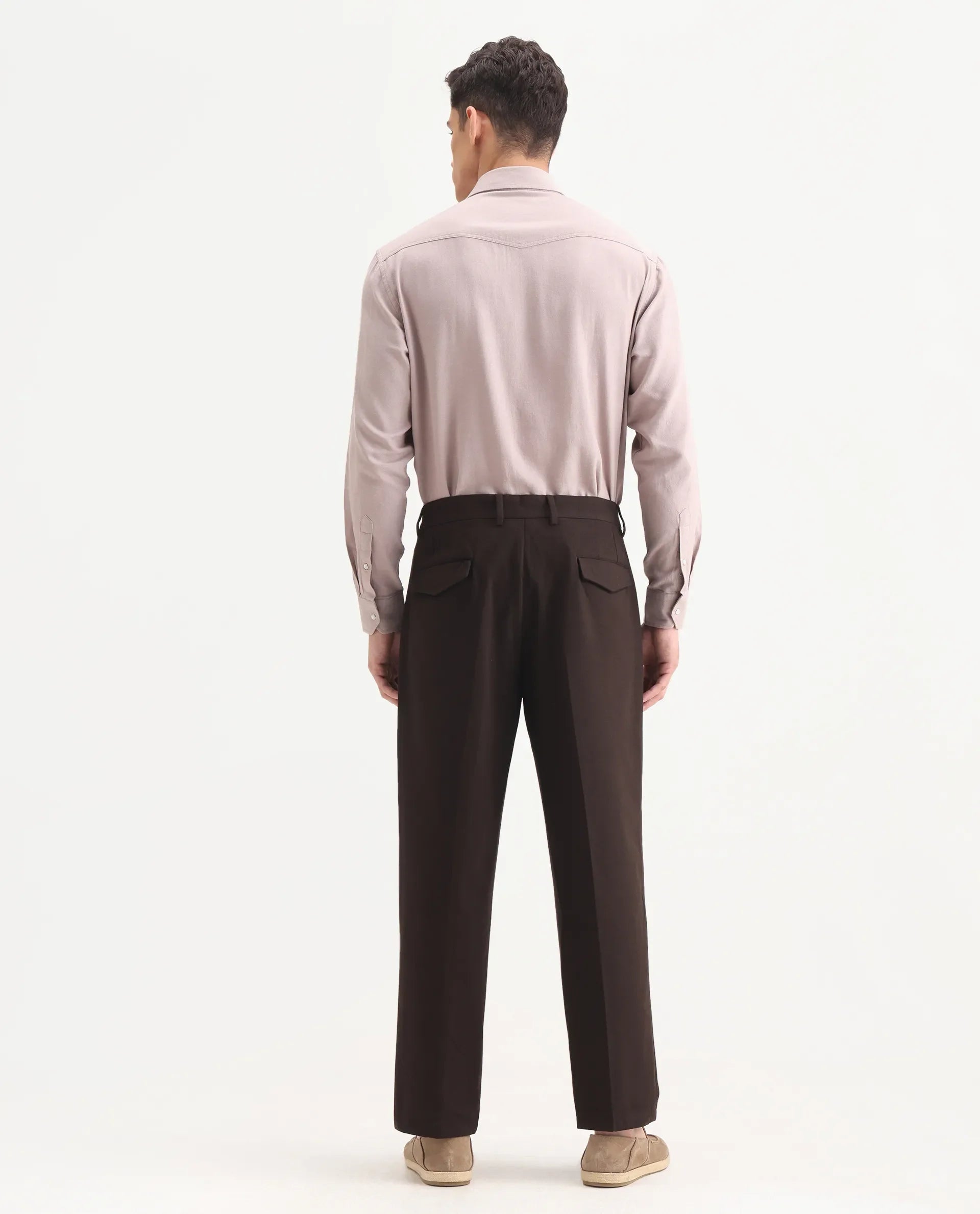 Rare Rabbit Men's Tori Dark Brown Cotton Plain Relaxed Fit Trouser