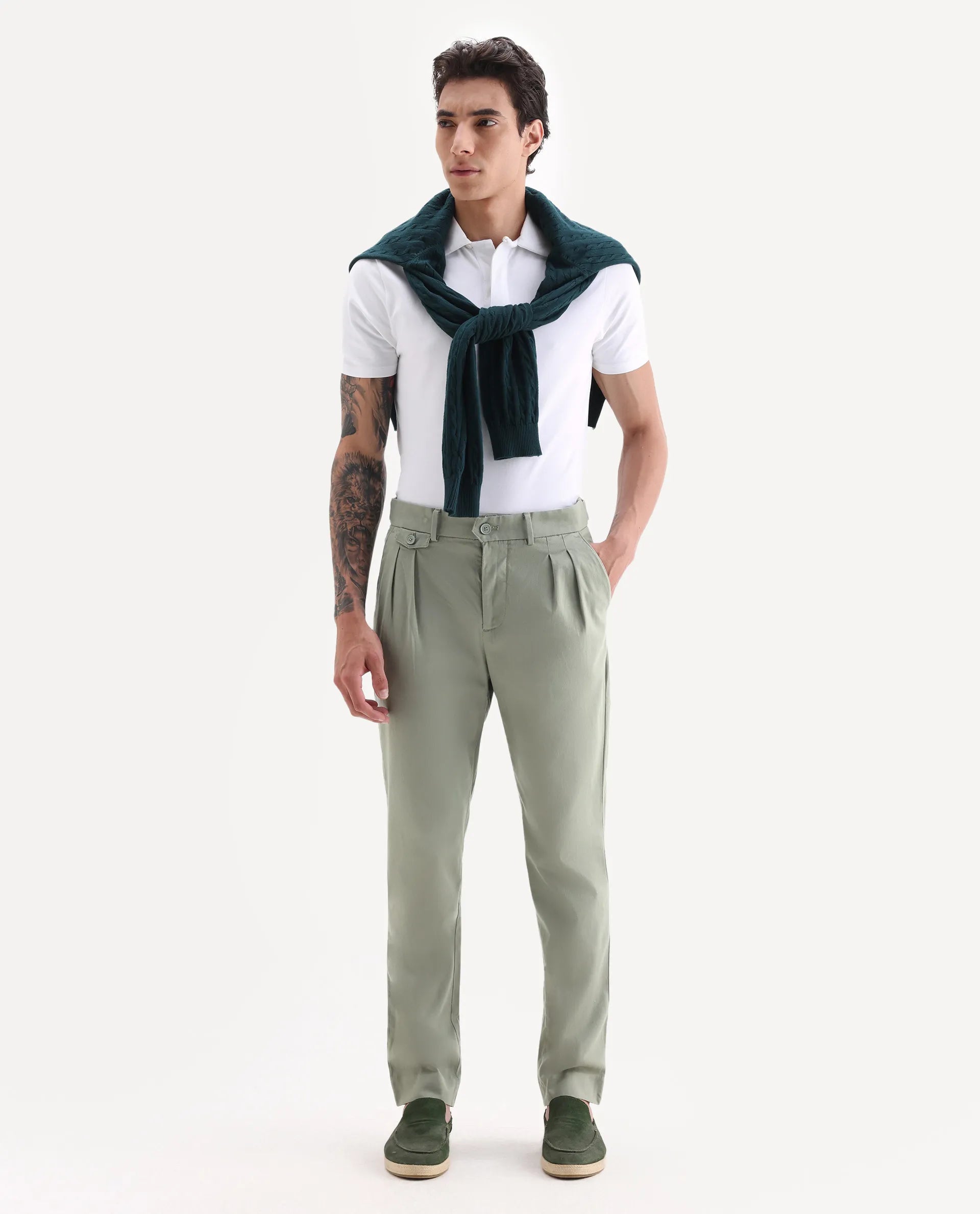 Rare Rabbit Men's Torro Dusky Green Cotton Blend Plain Regular Fit Trouser