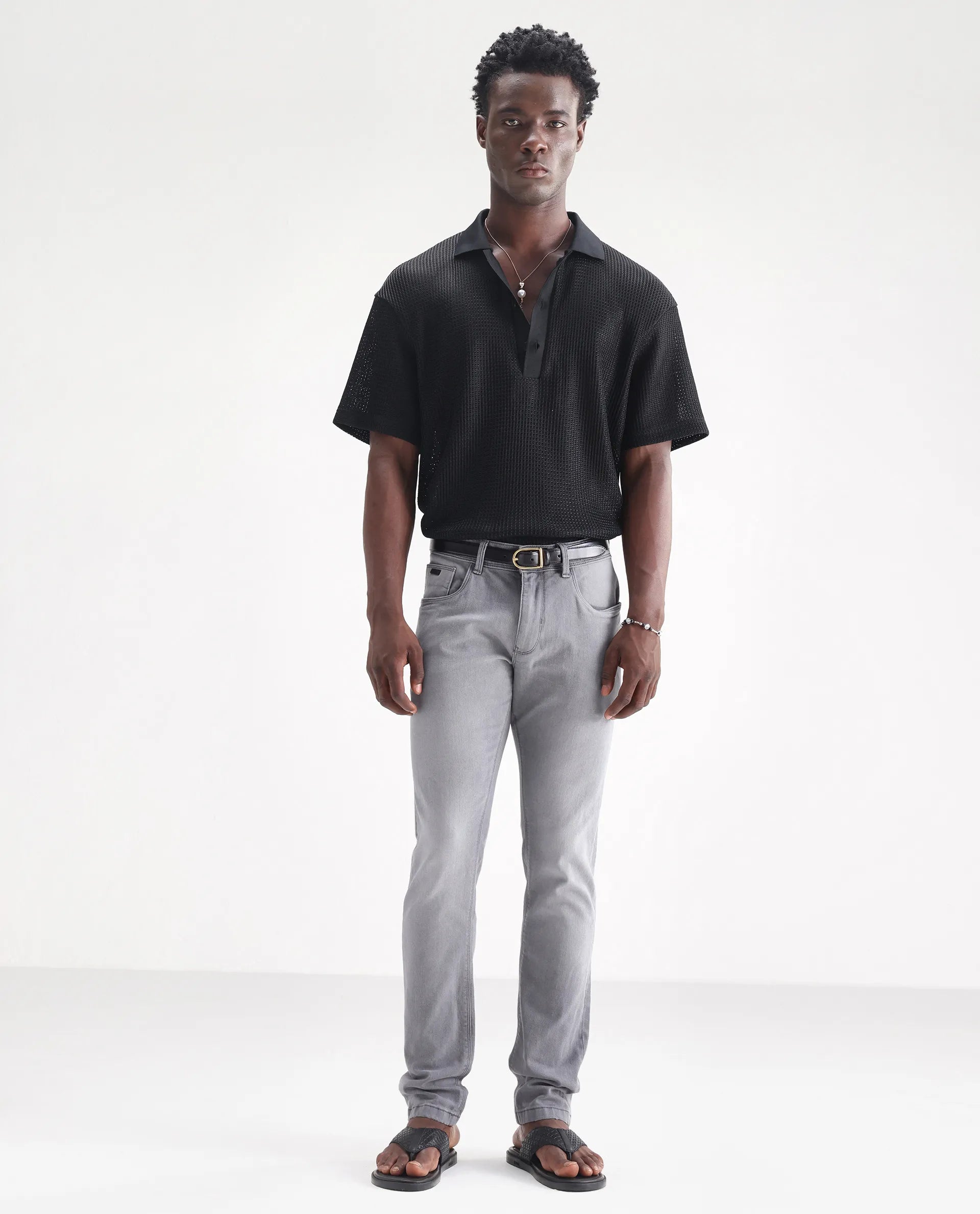 Rare Rabbit Men's Toulouse Light Grey Cotton Plain Hawk Slim Fit Jeans