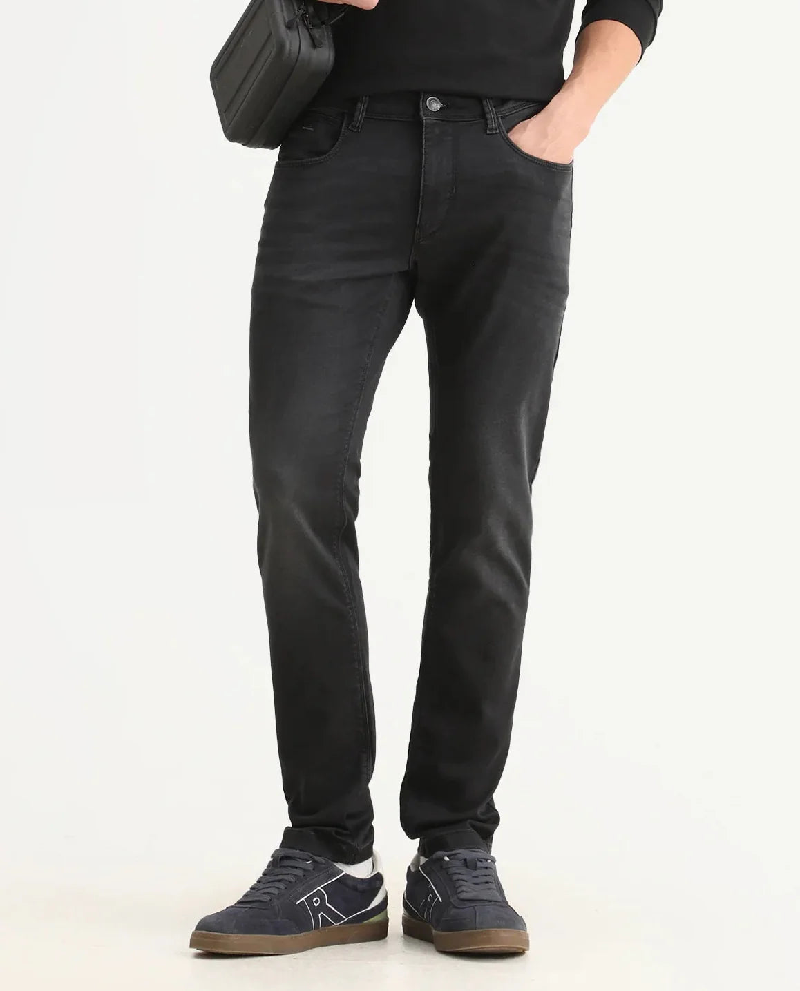 Rare Rabbit Men's Tours-1 Dark Grey Cotton Blend Fabric Hawk Slim Plain Jeans