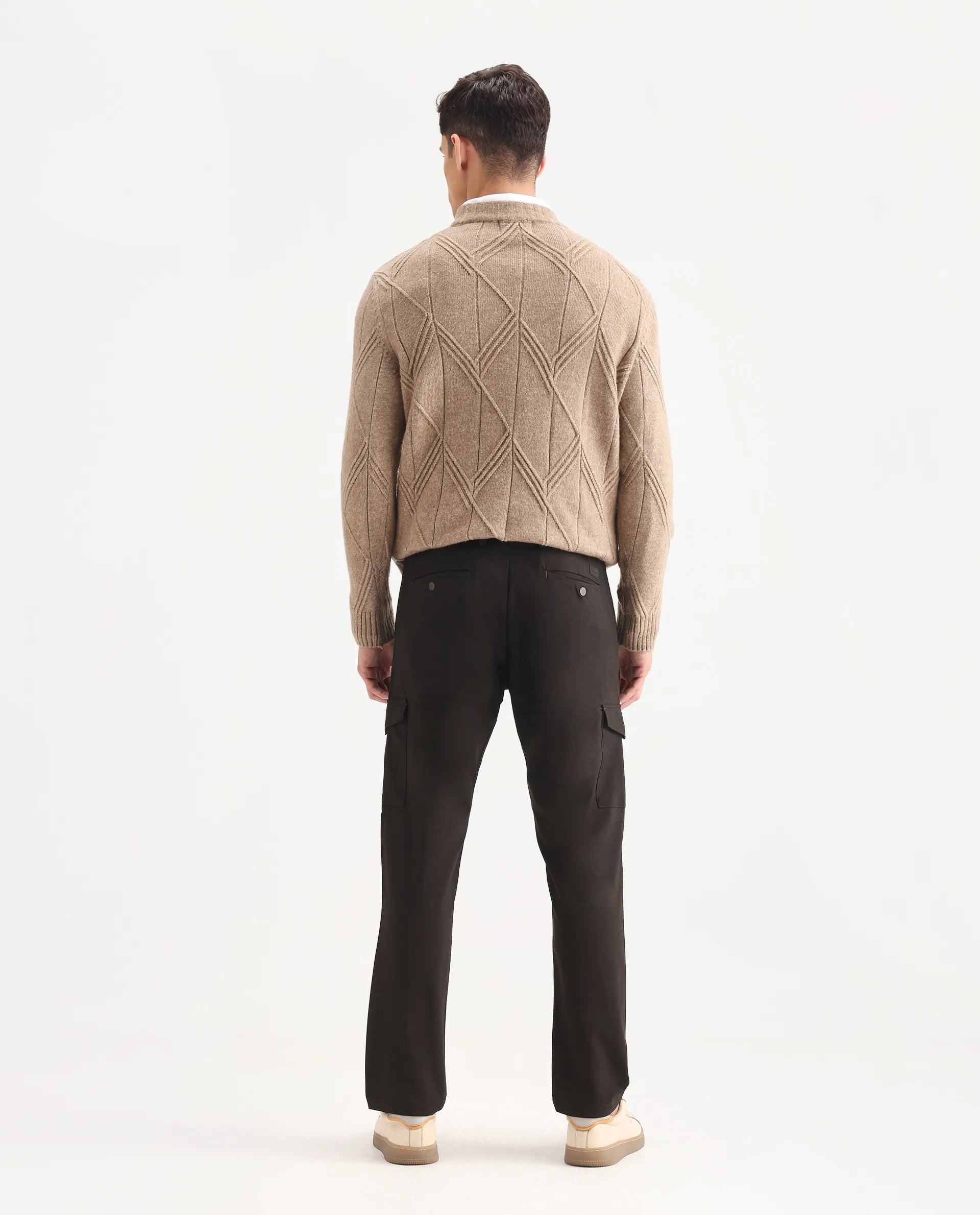 Rare Rabbit Men's Traco Dark Brown Cotton Plain Regular Fit Trouser
