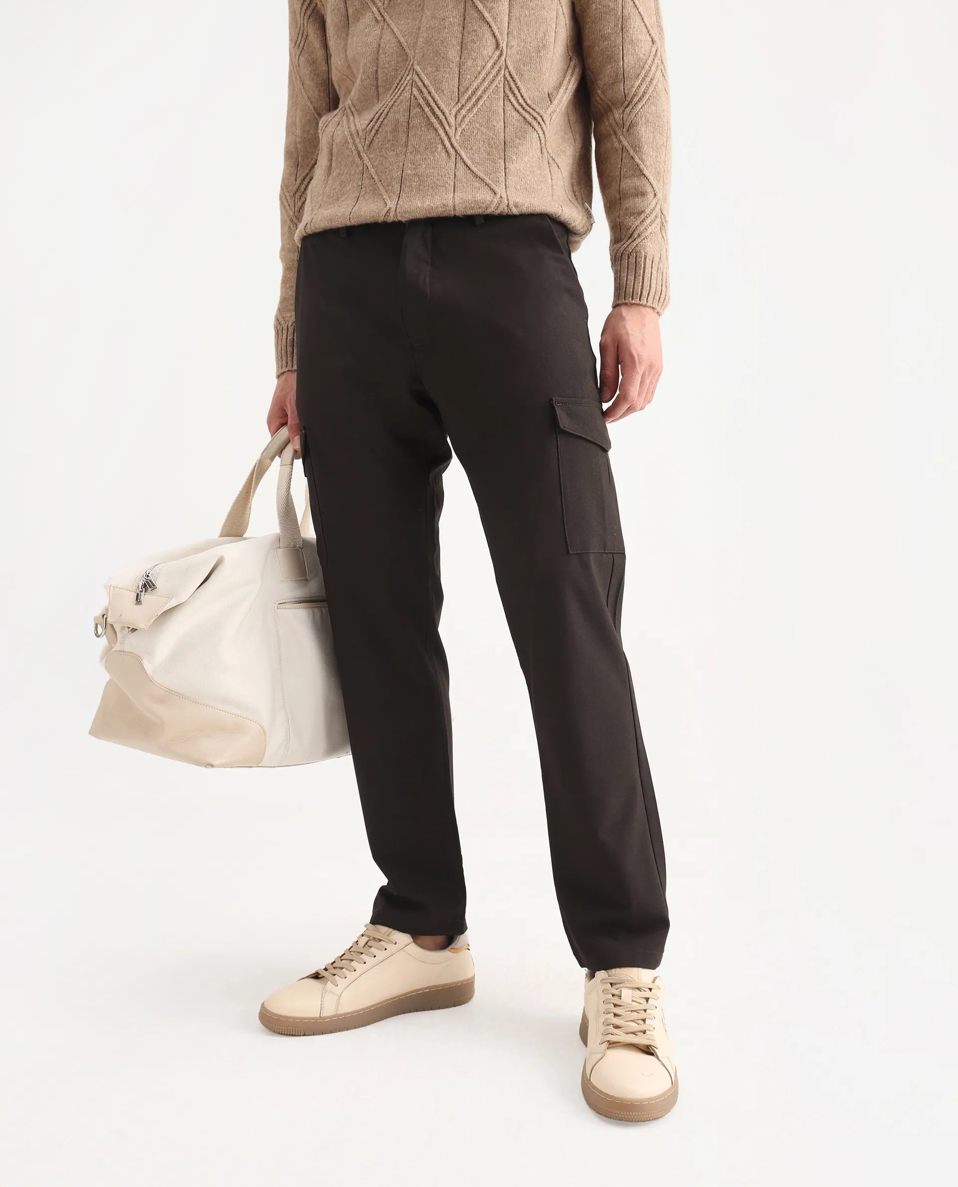 Rare Rabbit Men's Traco Dark Brown Cotton Plain Regular Fit Trouser