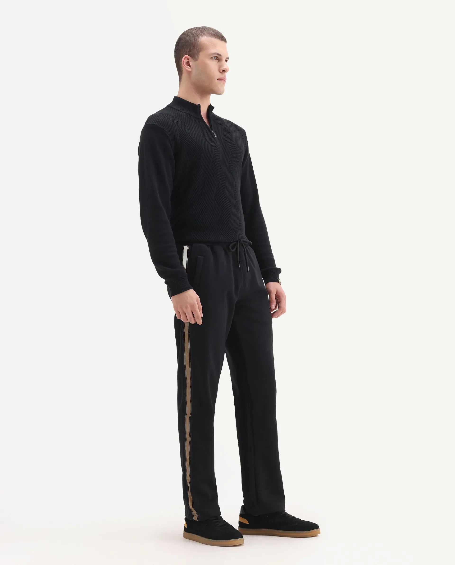 Rare Rabbit Men's Tracksign Black Cotton Plain Regular Fit Trouser