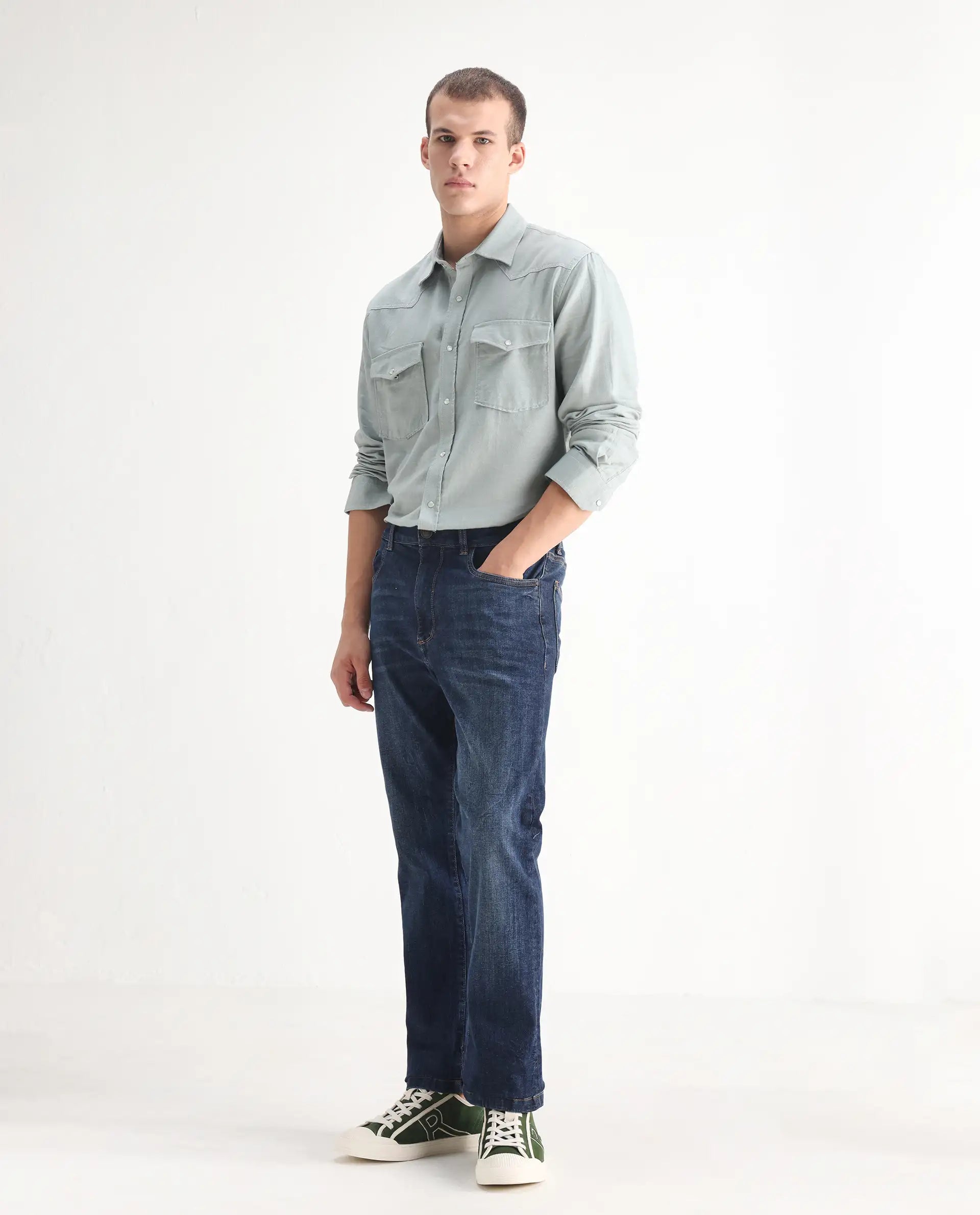 Rare Rabbit Men's Train Fluorescent Blue Cotton Blend Plain Morris Regular Fit Jeans