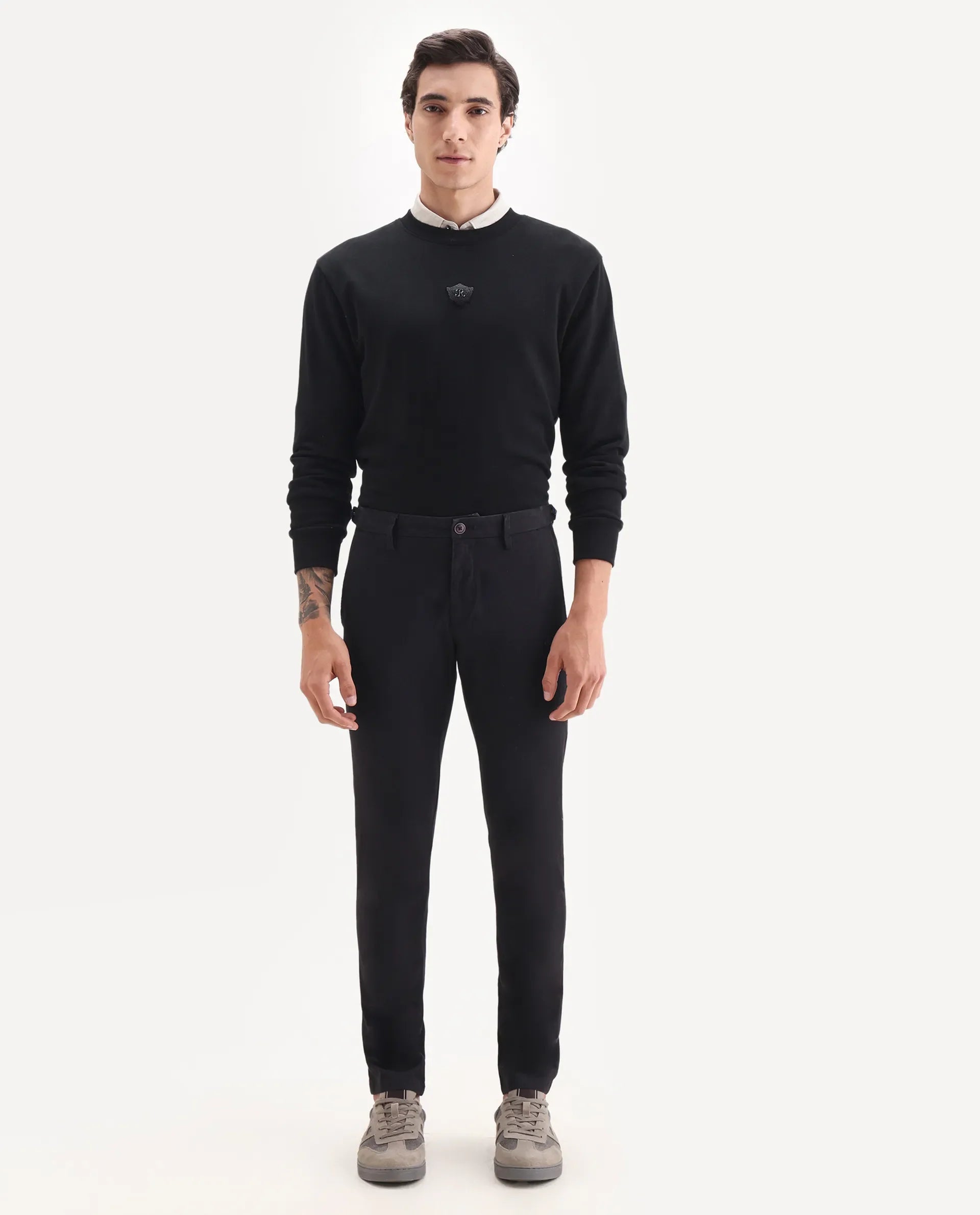 Rare Rabbit Men's Trans Black Cotton Plain Regular Fit Trouser