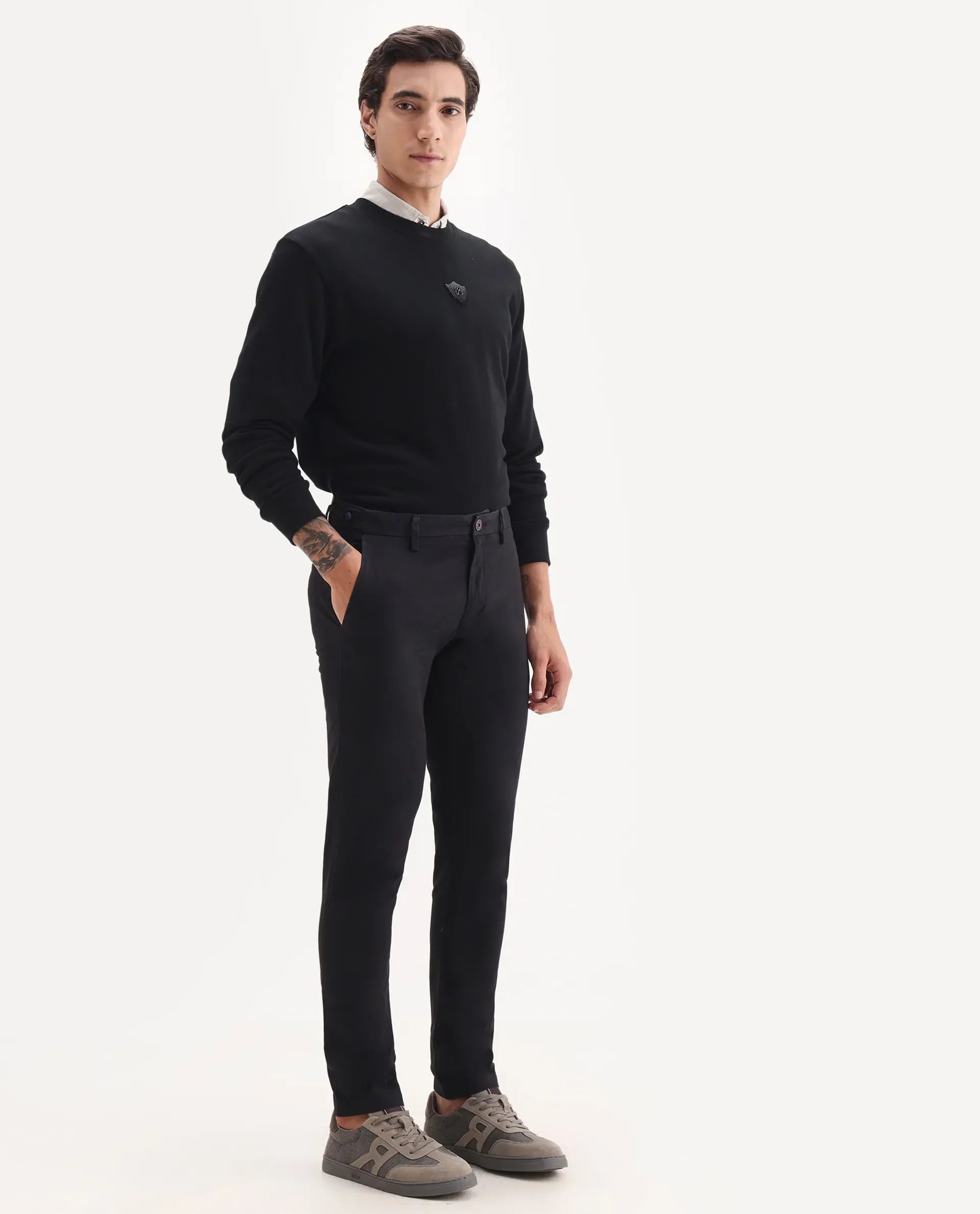 Rare Rabbit Men's Trans Black Cotton Plain Regular Fit Trouser
