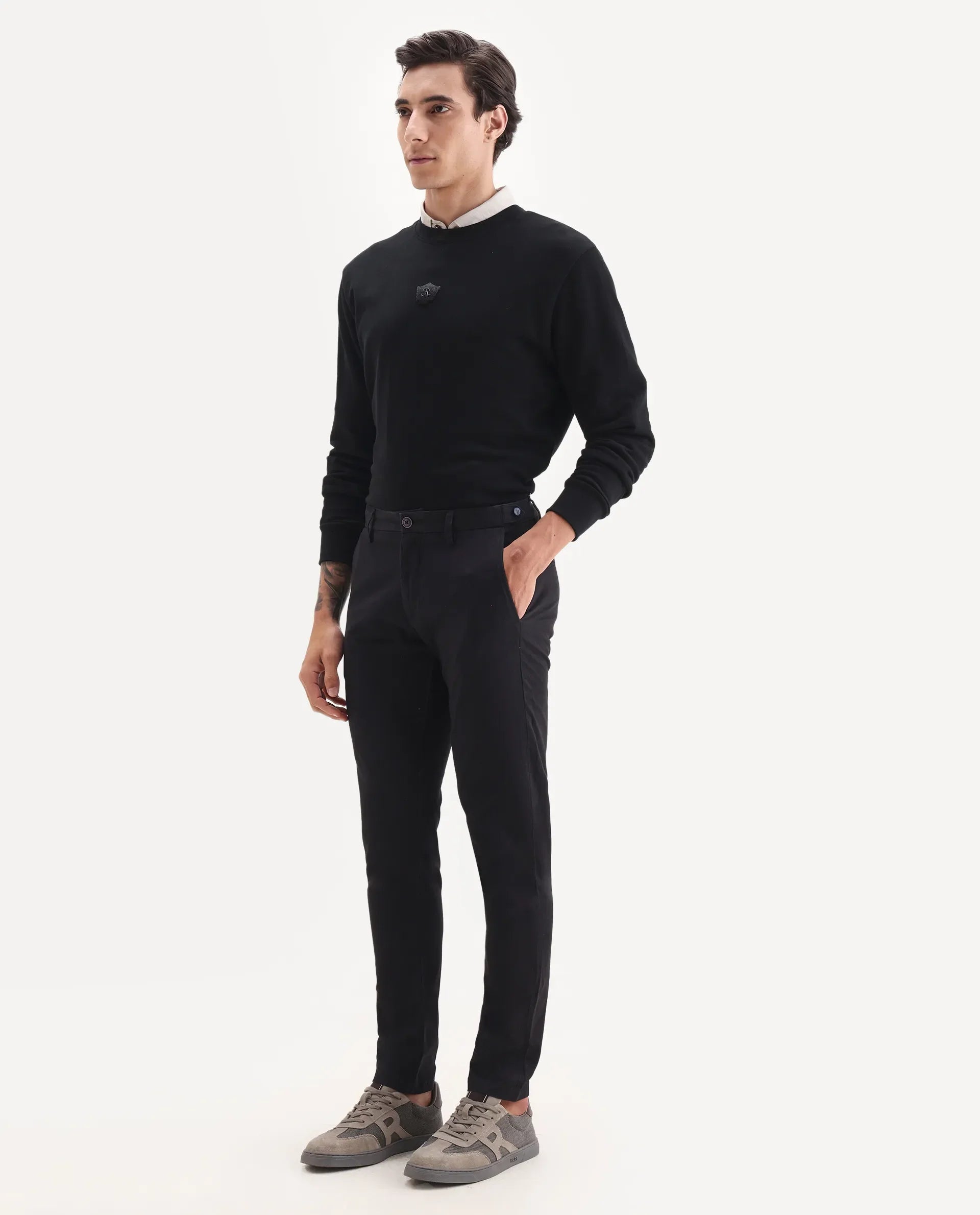 Rare Rabbit Men's Trans Black Cotton Plain Regular Fit Trouser