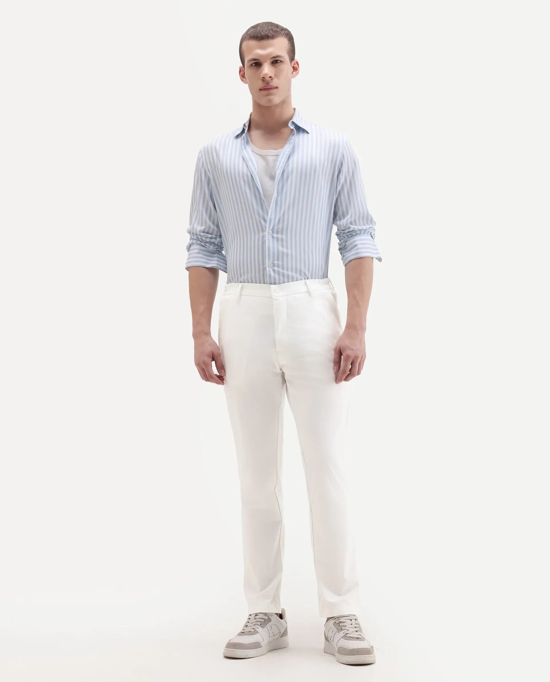 Rare Rabbit Men's Travel-11 White Polyester Blend Plain Regular Fit Trouser