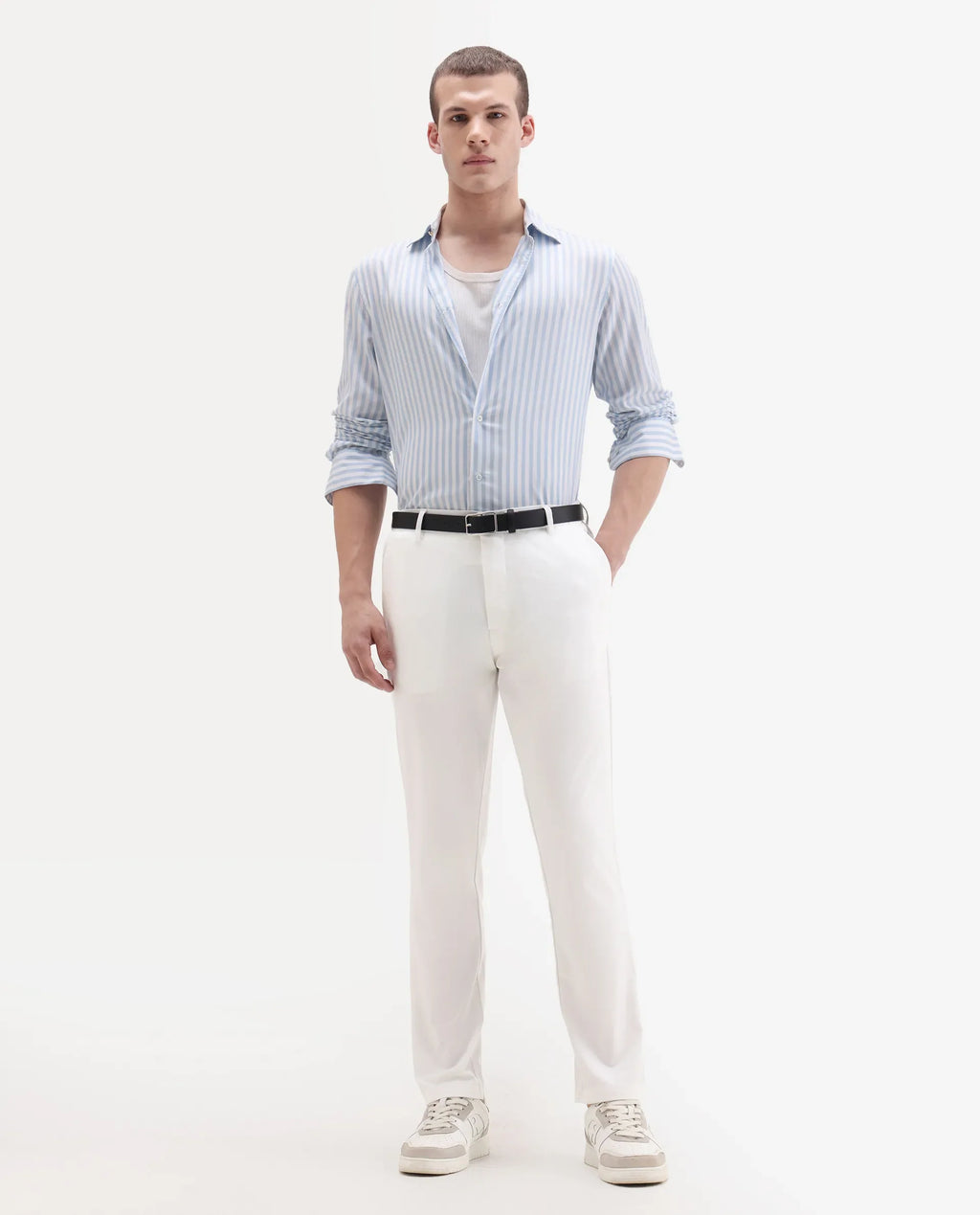 Rare Rabbit Men's Travel-11 White Polyester Blend Plain Regular Fit Trouser