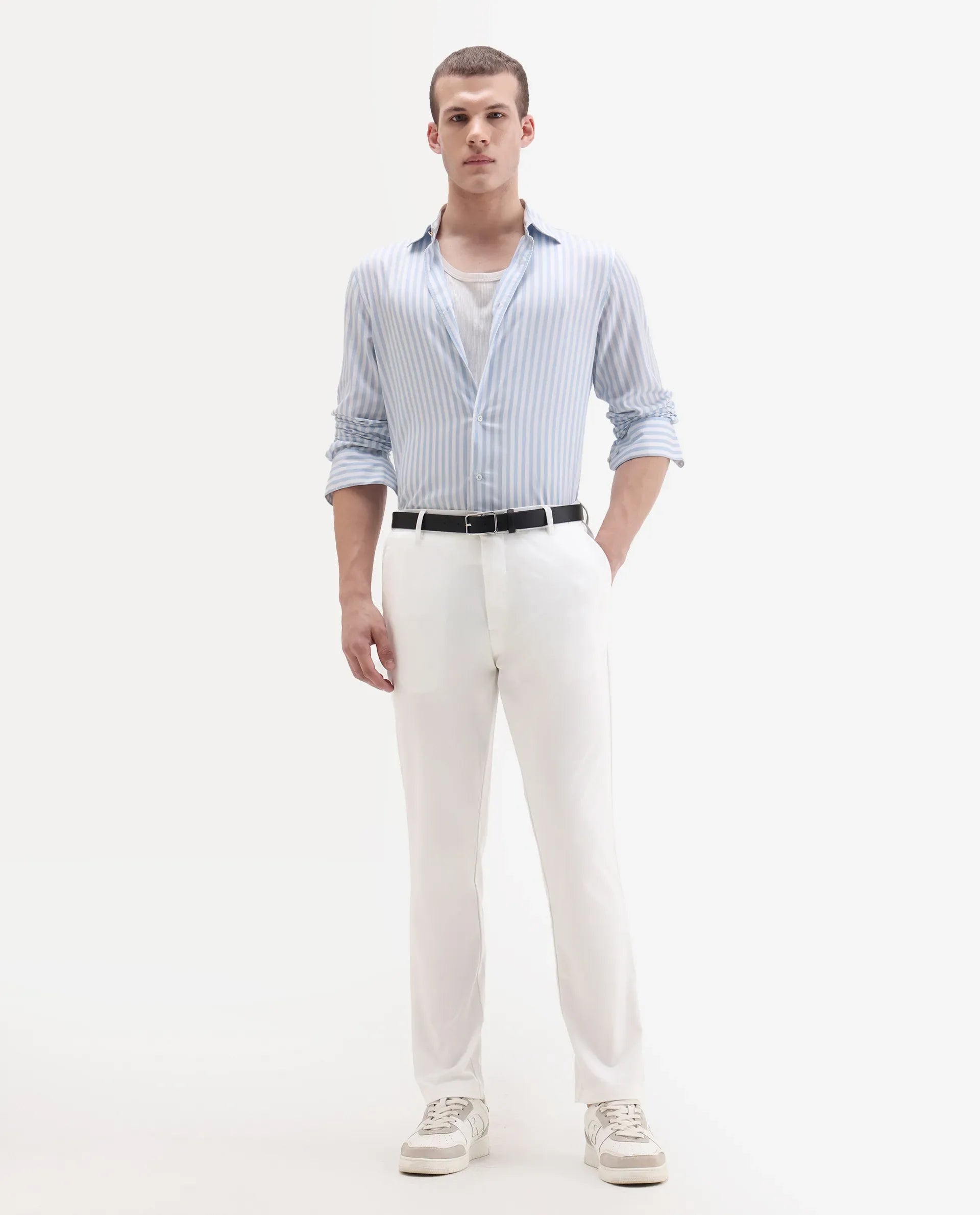 Rare Rabbit Men's Travel-11 White Polyester Blend Plain Regular Fit Trouser