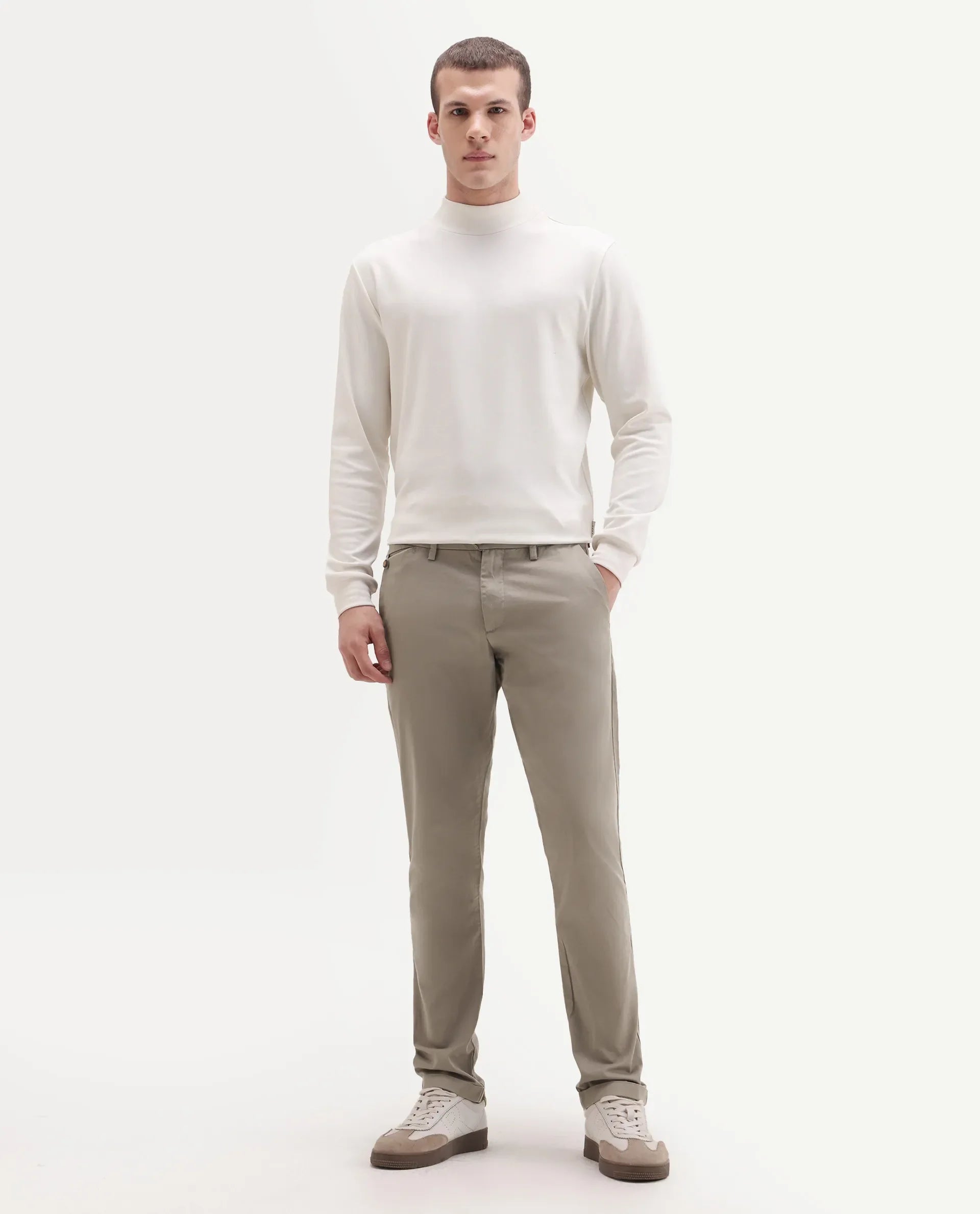 Rare Rabbit Men's Travel-24 Dark Beige Poly Viscose Lycra Fabric Blend Regular Fit Solid Trousers