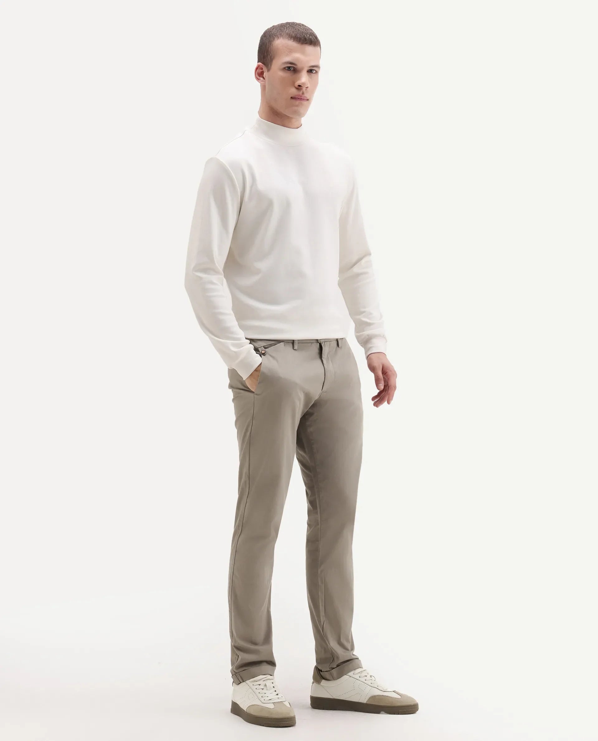 Rare Rabbit Men's Travel-24 Dark Beige Poly Viscose Lycra Fabric Blend Regular Fit Solid Trousers