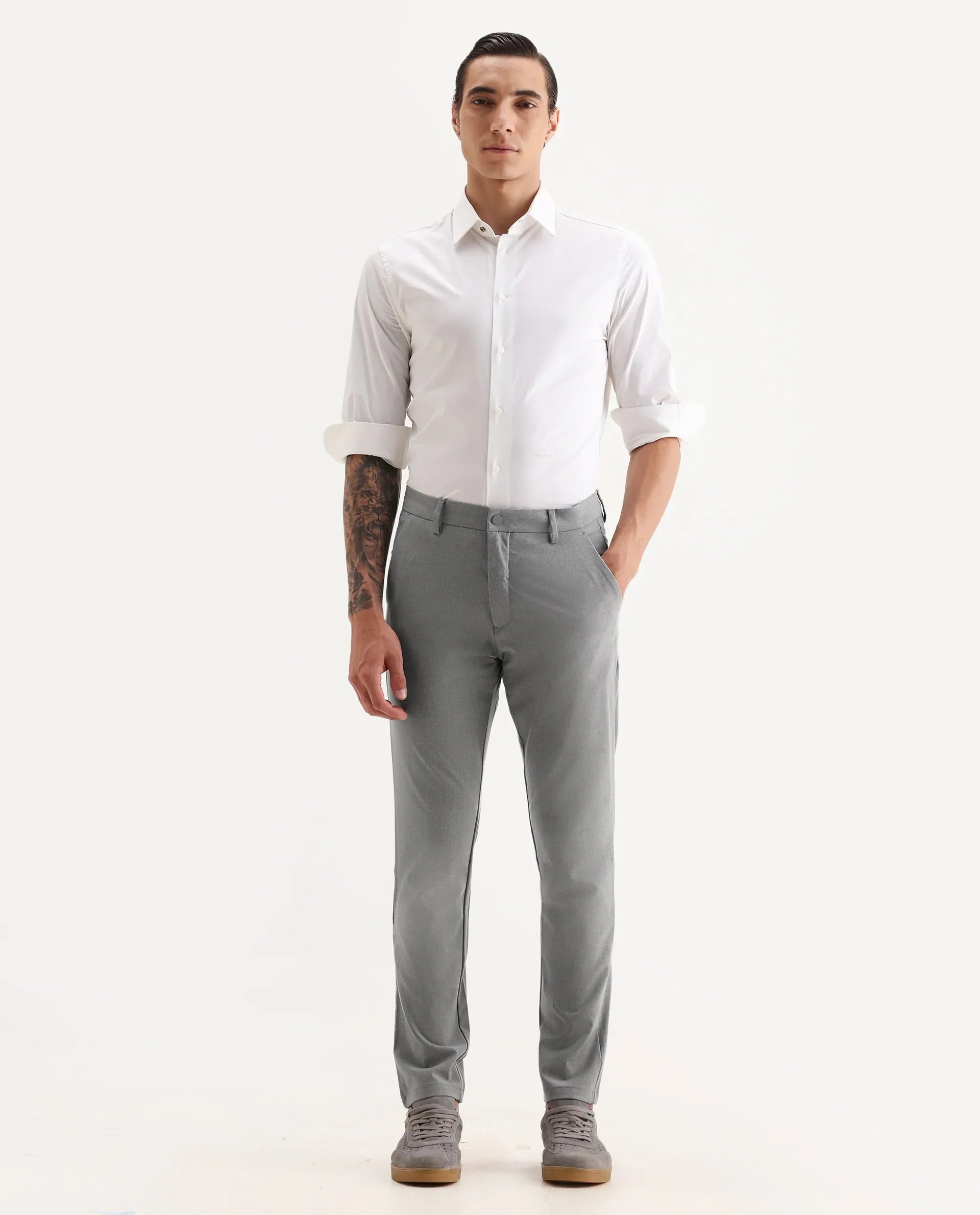 Rare Rabbit Men's Travel-25 Grey Polyester Blend Plain Regular Fit Trouser