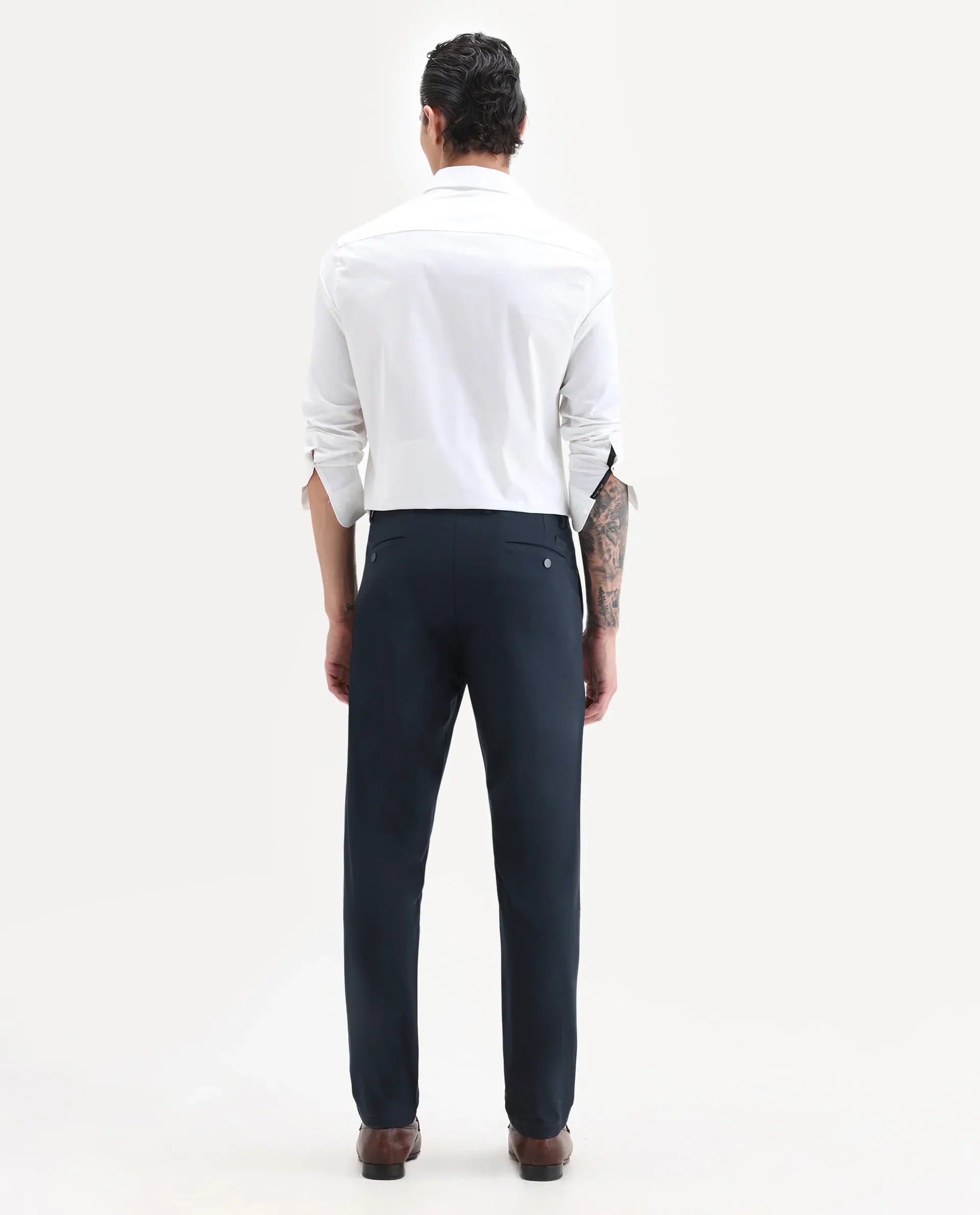 Rare Rabbit Men's Travel-25 Navy Polyester Blend Plain Regular Fit Trouser