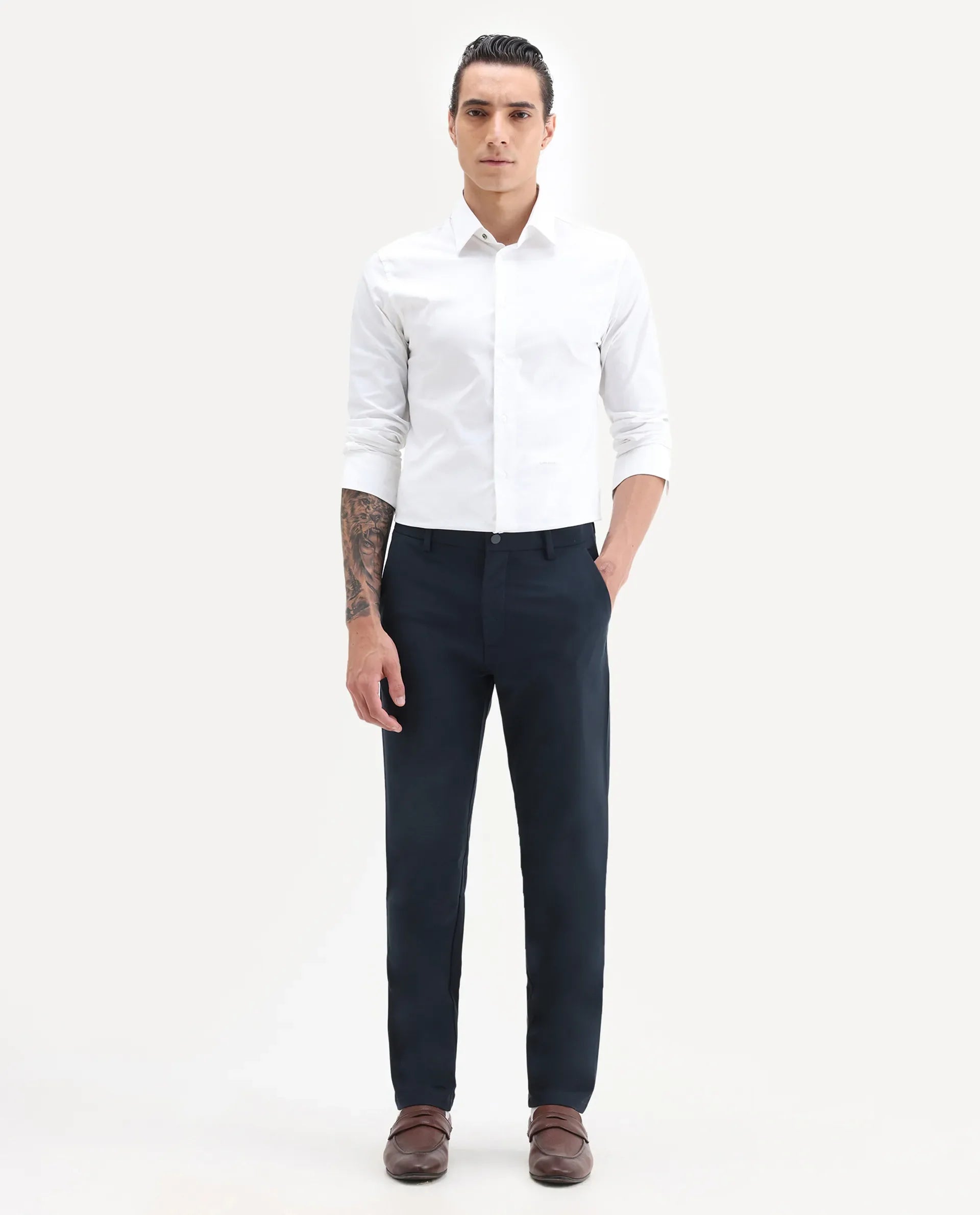 Rare Rabbit Men's Travel-25 Navy Polyester Blend Plain Regular Fit Trouser