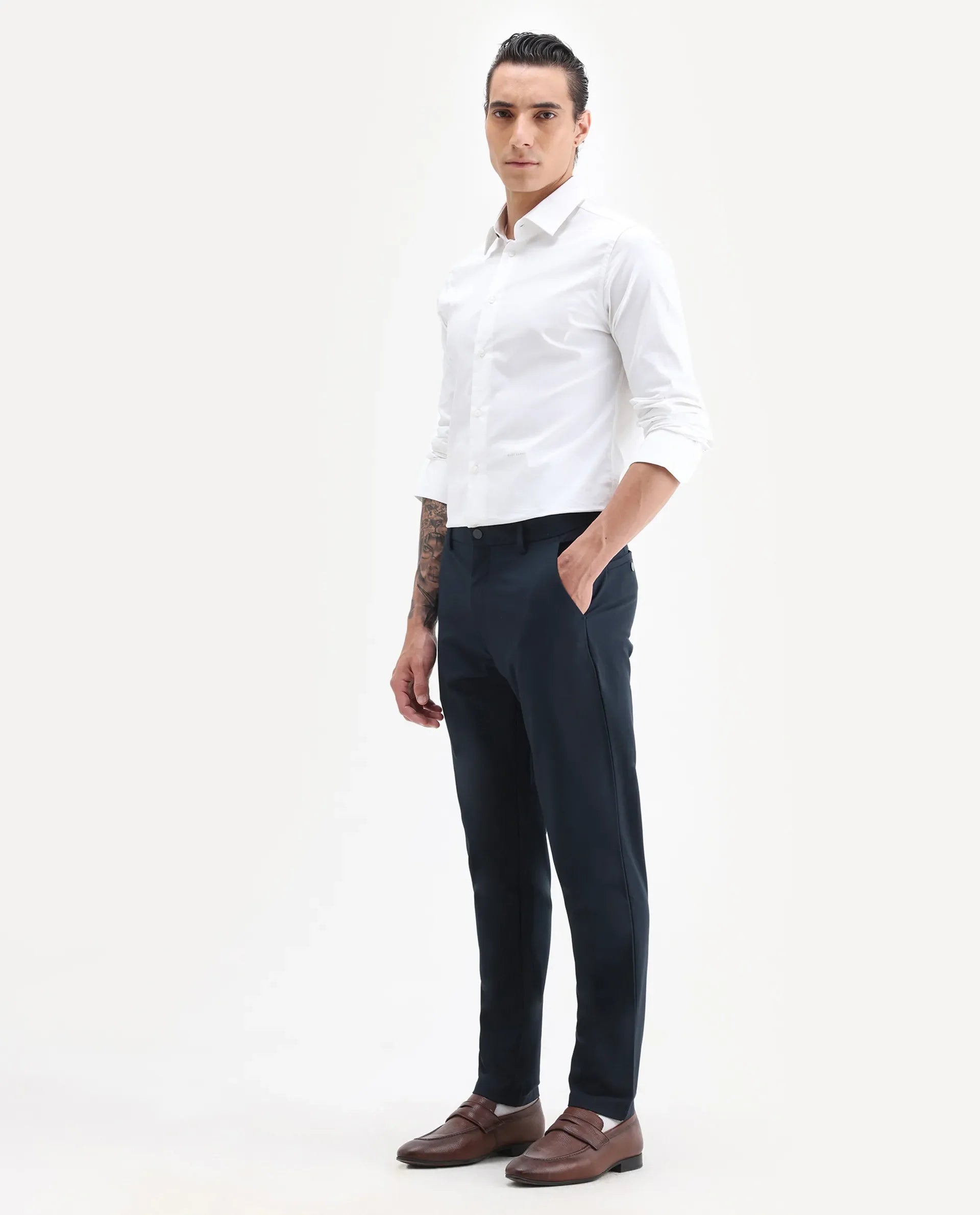 Rare Rabbit Men's Travel-25 Navy Polyester Blend Plain Regular Fit Trouser