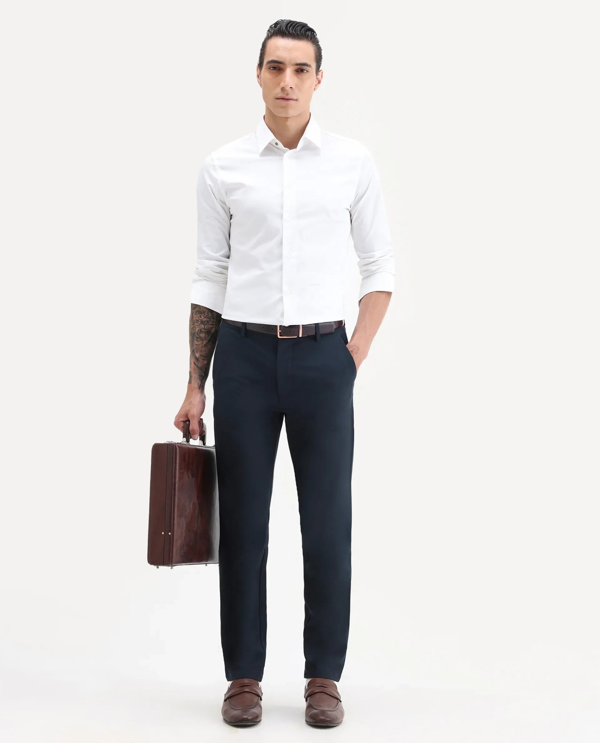 Rare Rabbit Men's Travel-25 Navy Polyester Blend Plain Regular Fit Trouser