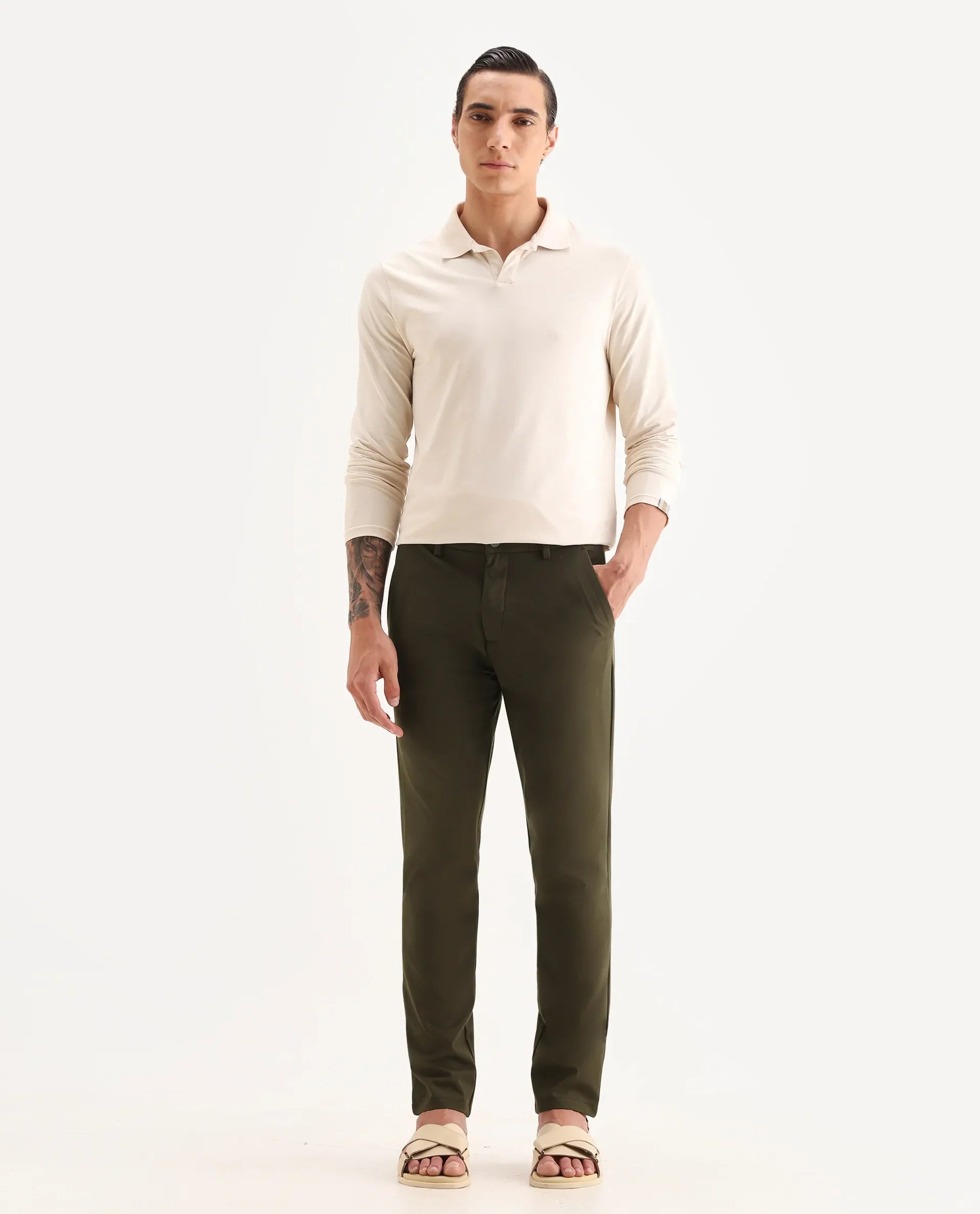 Rare Rabbit Men's Travel-25 Olive Polyester Blend Plain Regular Fit Trouser
