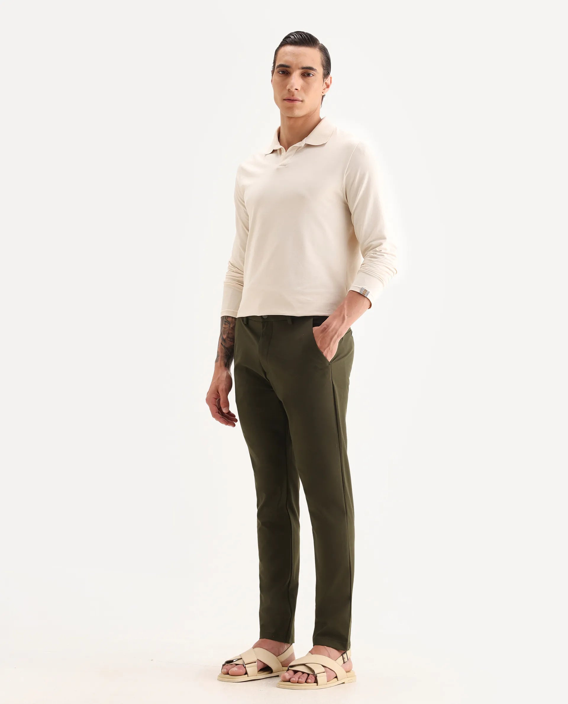 Rare Rabbit Men's Travel-25 Olive Polyester Blend Plain Regular Fit Trouser