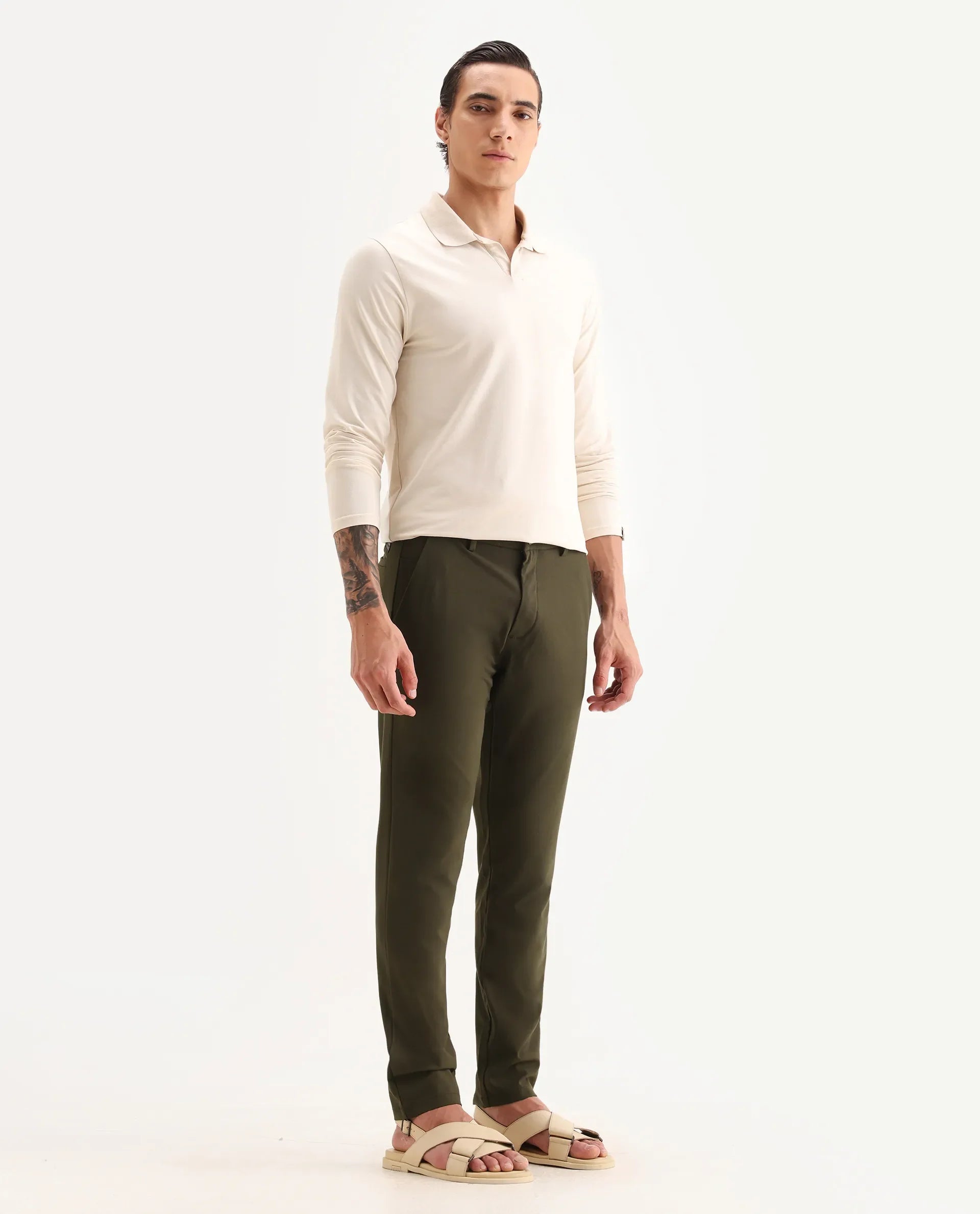 Rare Rabbit Men's Travel-25 Olive Polyester Blend Plain Regular Fit Trouser