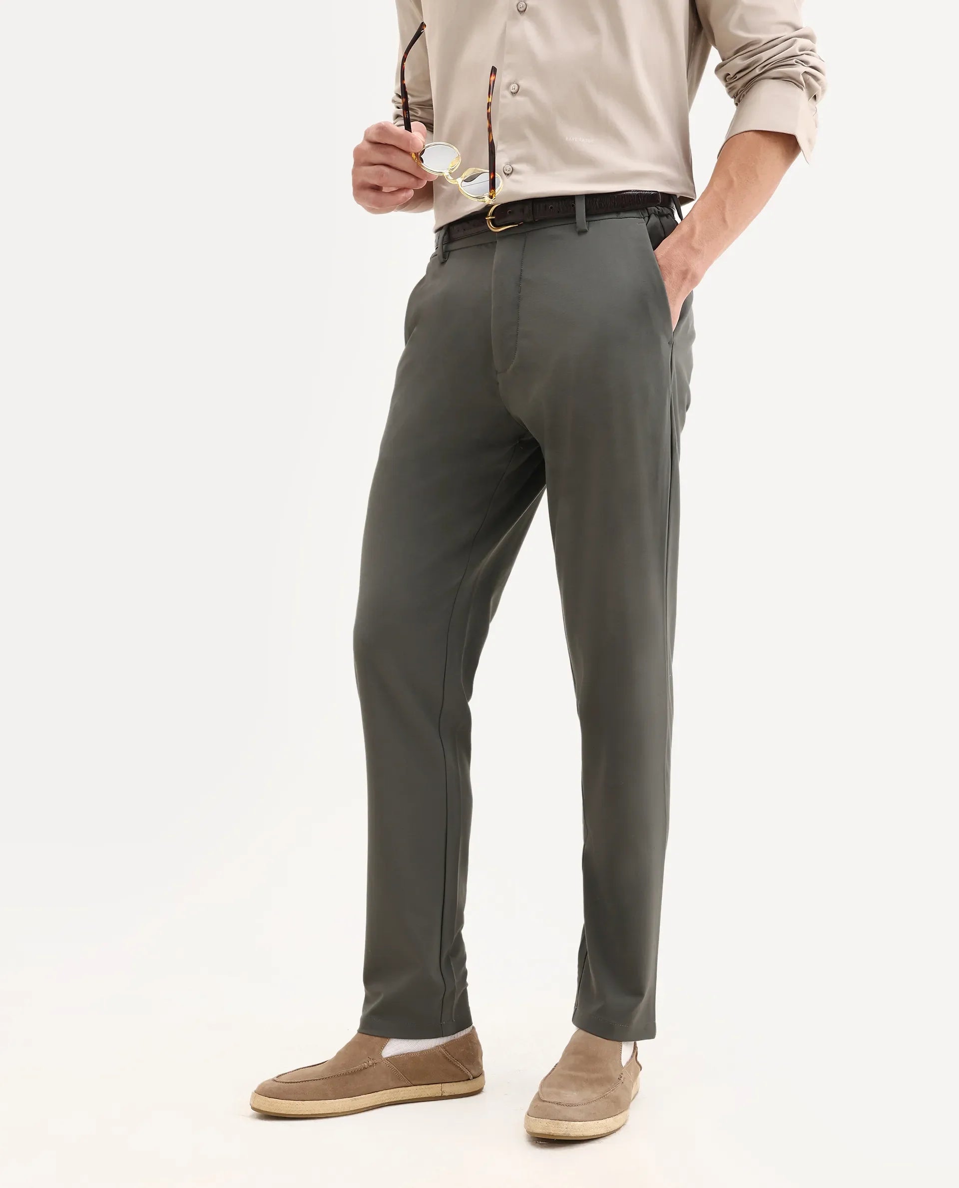 Rare Rabbit Men's Travel-26 Olive Polyester Blend Plain Regular Fit Trouser