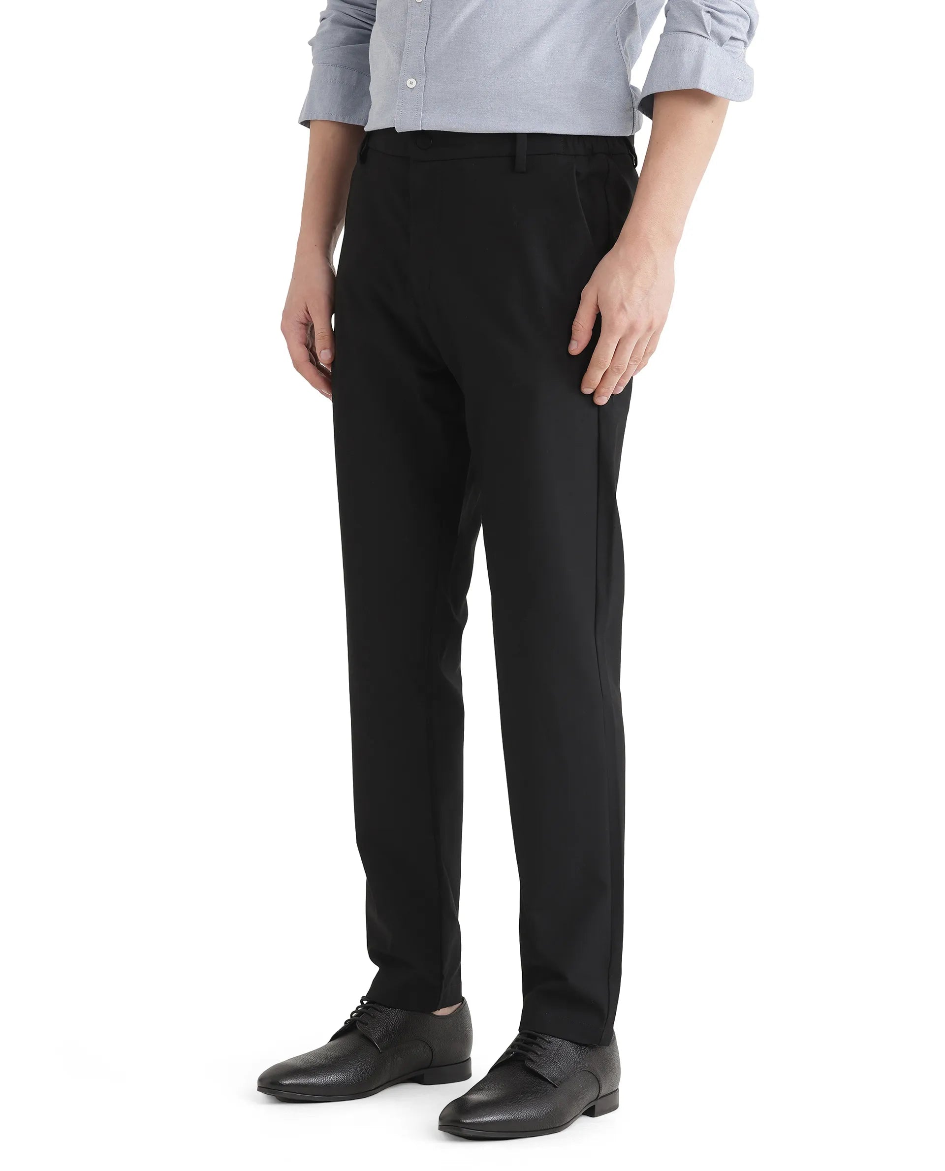 Rare Rabbit Men's Travel Uni Black Polyester Blend Plain Regular Fit Trouser