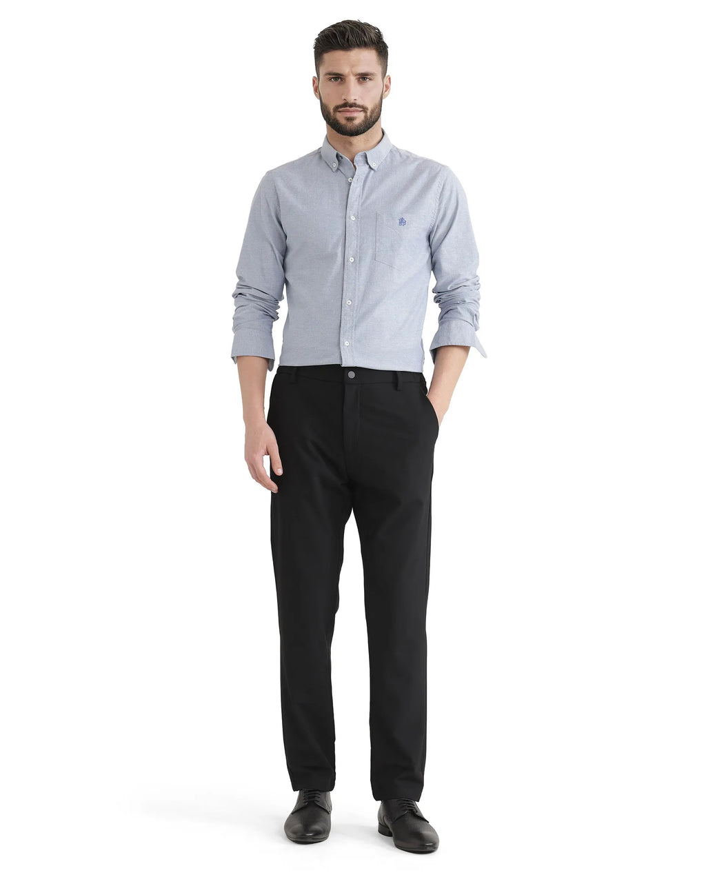 Rare Rabbit Men's Travel Uni Black Polyester Blend Plain Regular Fit Trouser