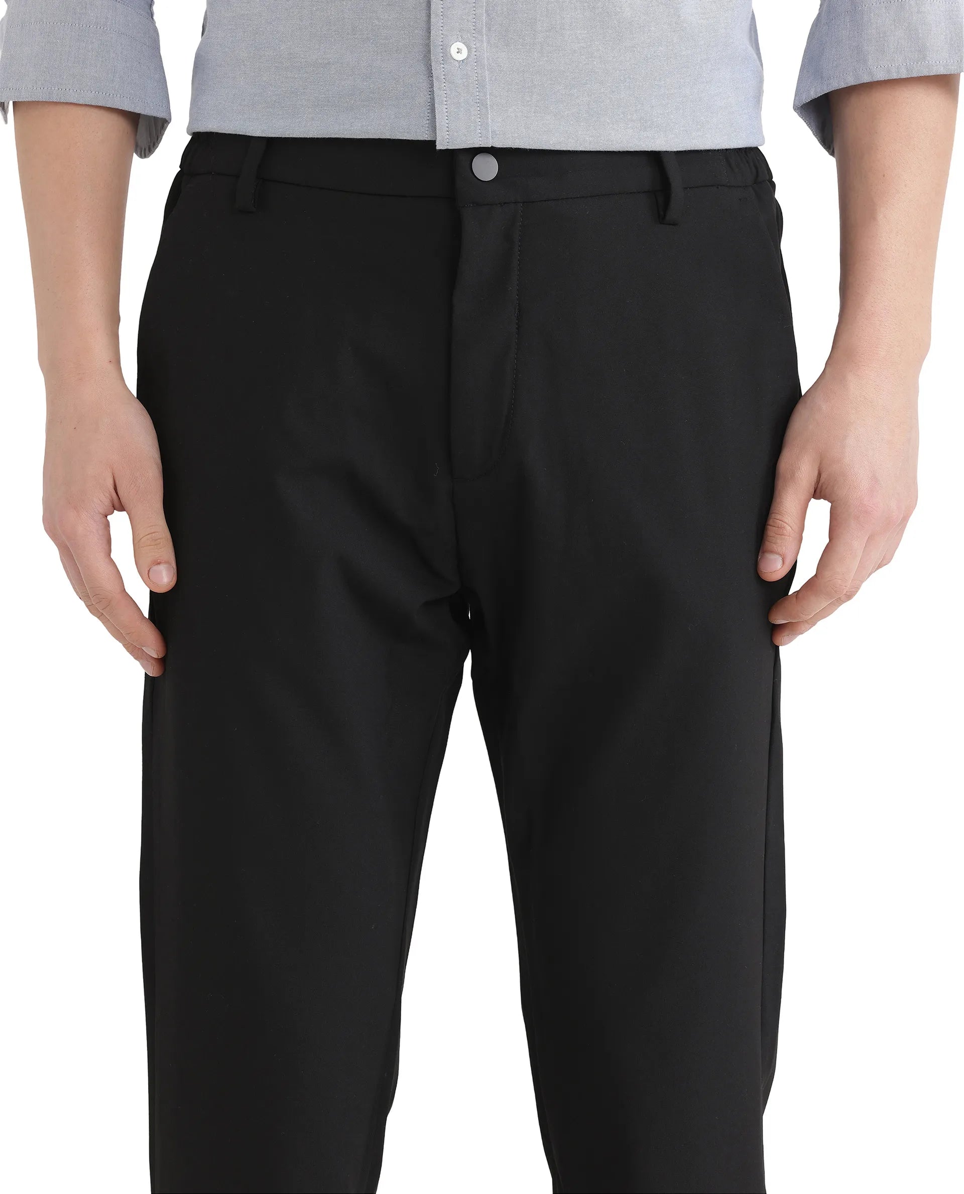 Rare Rabbit Men's Travel Uni Black Polyester Blend Plain Regular Fit Trouser