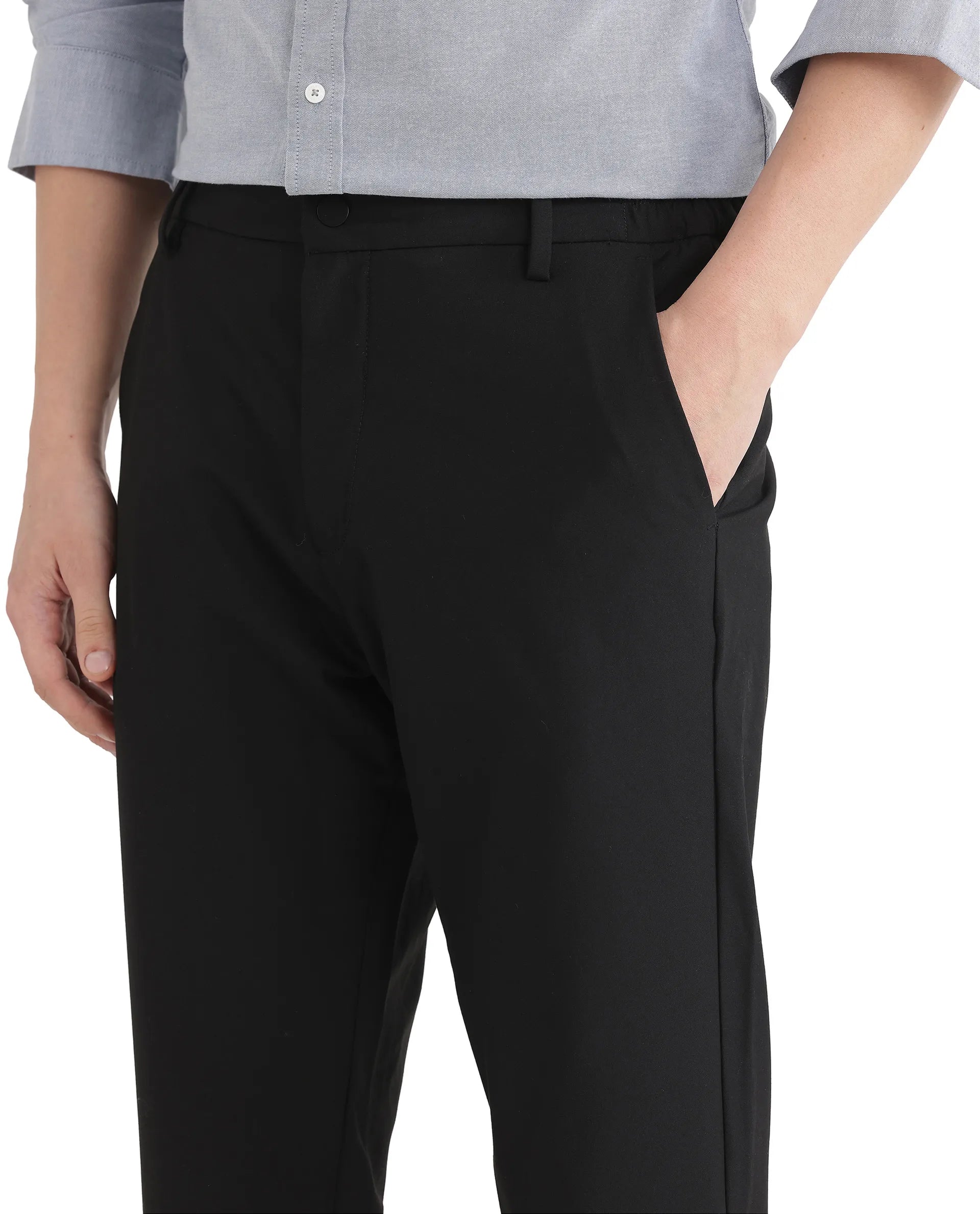 Rare Rabbit Men's Travel Uni Black Polyester Blend Plain Regular Fit Trouser