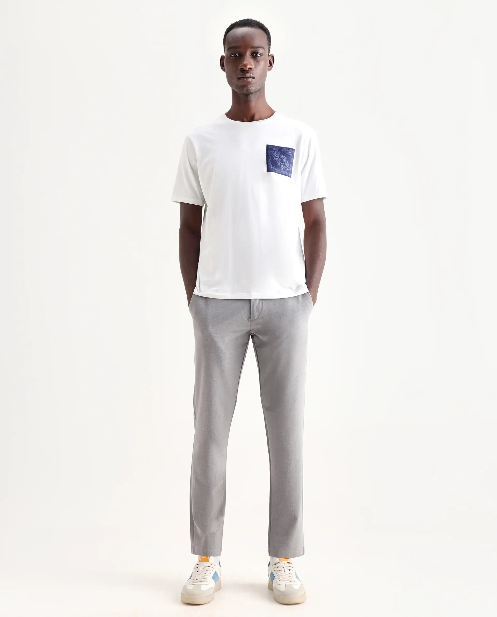 Rare Rabbit Men's Travel-24 Grey Poly Viscose Lycra Fabric Blend Solid Trousers
