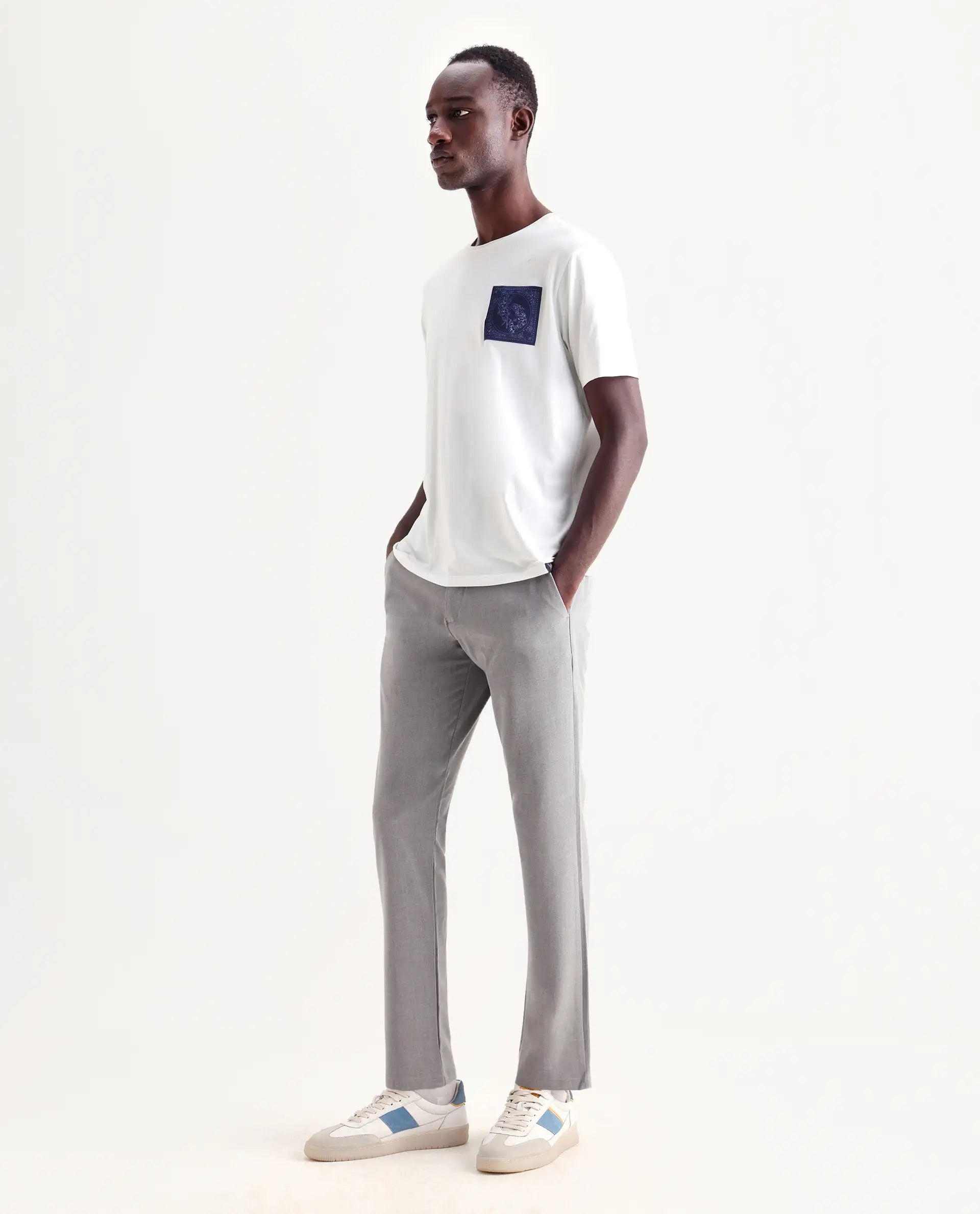Rare Rabbit Men's Travel-24 Grey Poly Viscose Lycra Fabric Blend Solid Trousers