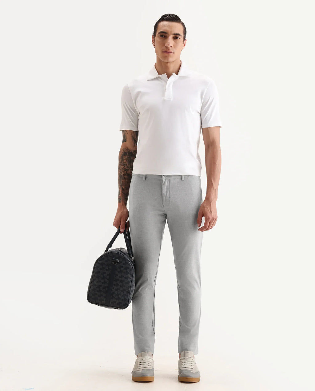 Rare Rabbit Men's Travellers Light Grey Solid Mid-Rise Regular Fit Trouser