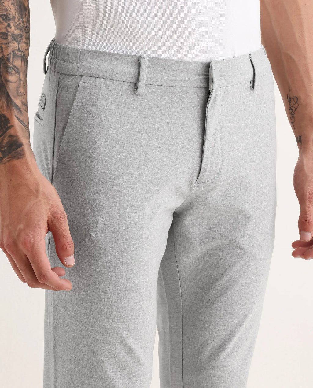 Rare Rabbit Men's Travellers Light Grey Solid Mid-Rise Regular Fit Trouser