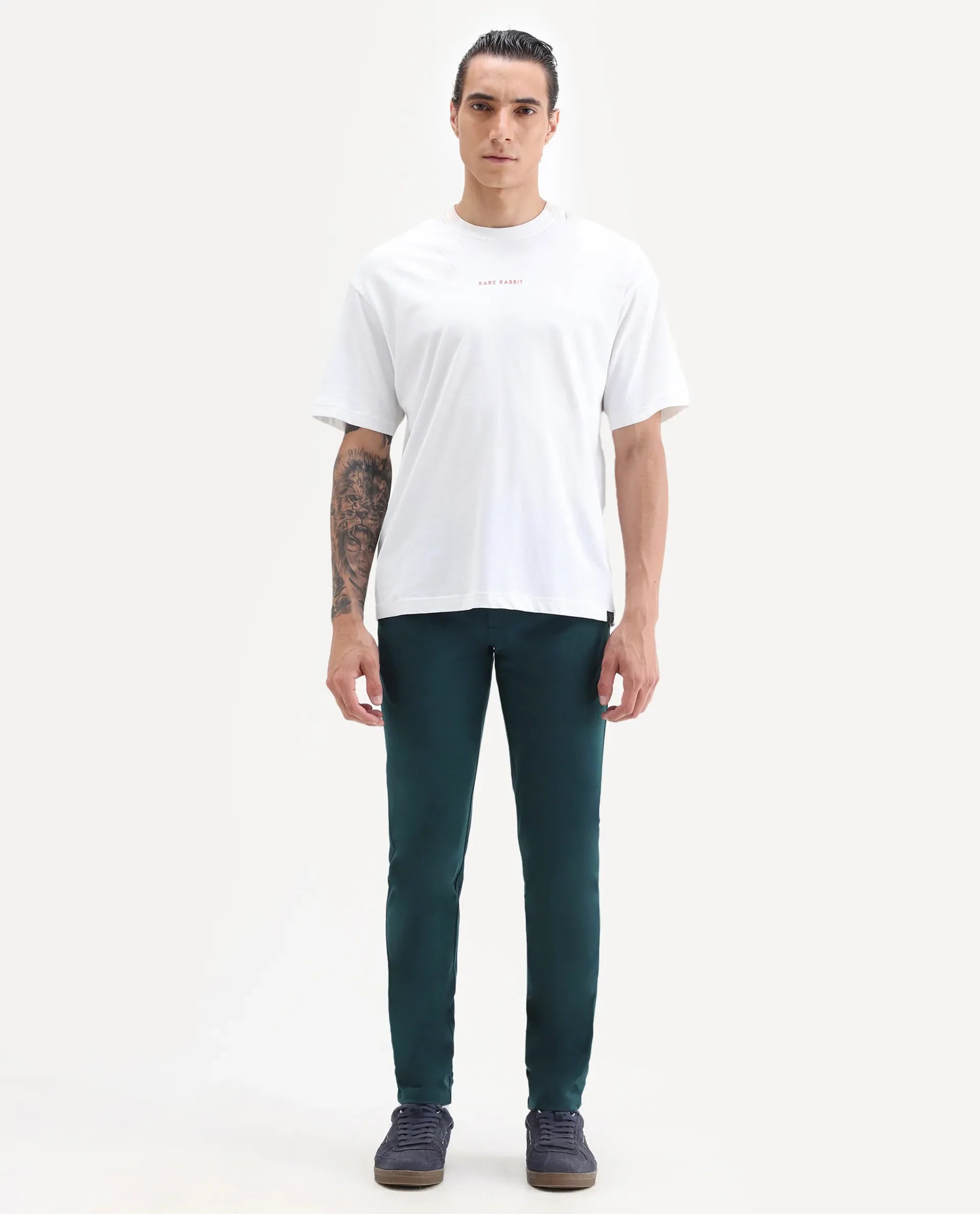 Rare Rabbit Men's Travellers Dark Petrol Solid Mid-Rise Regular Fit Trouser