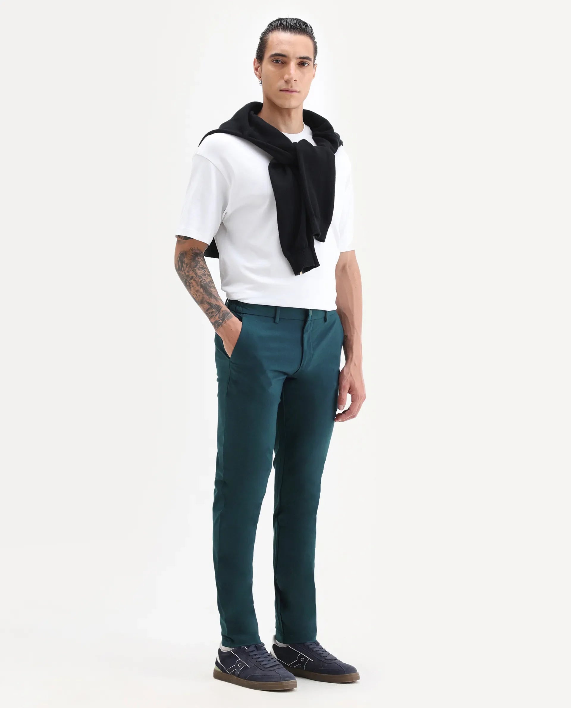 Rare Rabbit Men's Travellers Dark Petrol Solid Mid-Rise Regular Fit Trouser