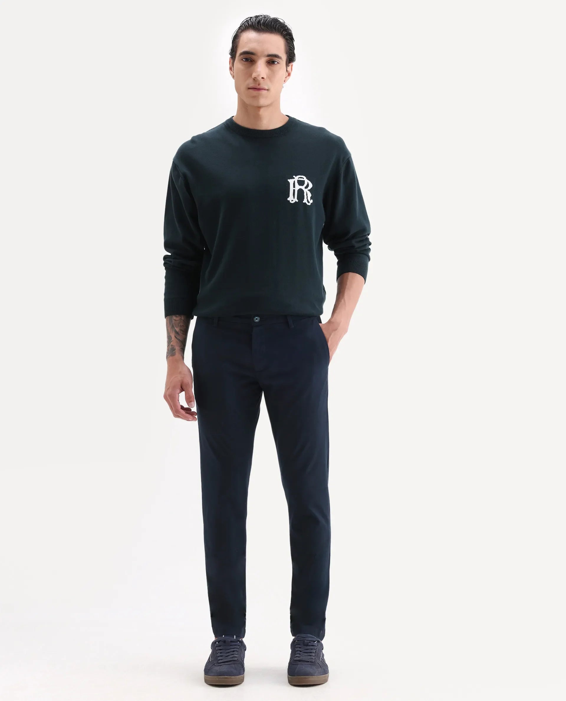 Rare Rabbit Men's Trellis Navy Cotton Plain Regular Fit Trouser