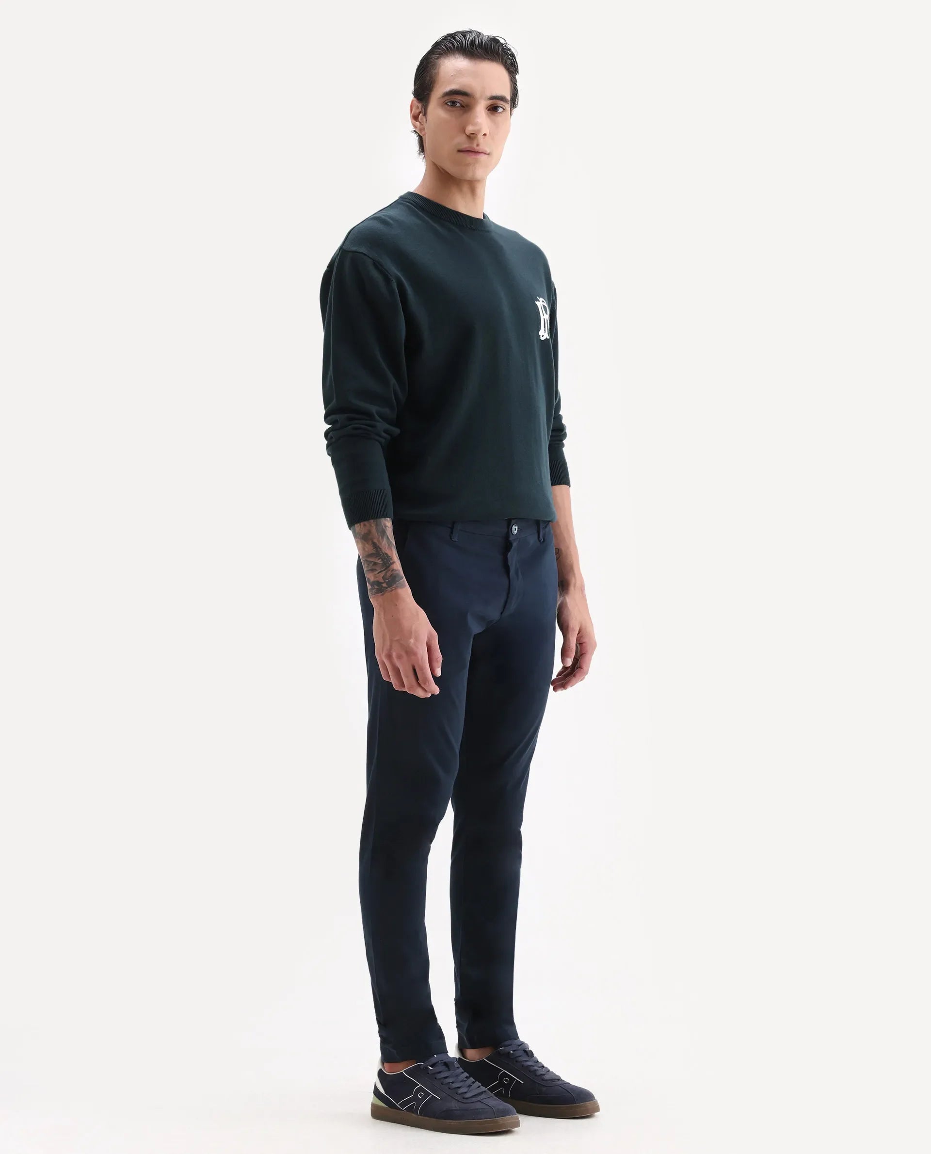 Rare Rabbit Men's Trellis Navy Cotton Plain Regular Fit Trouser