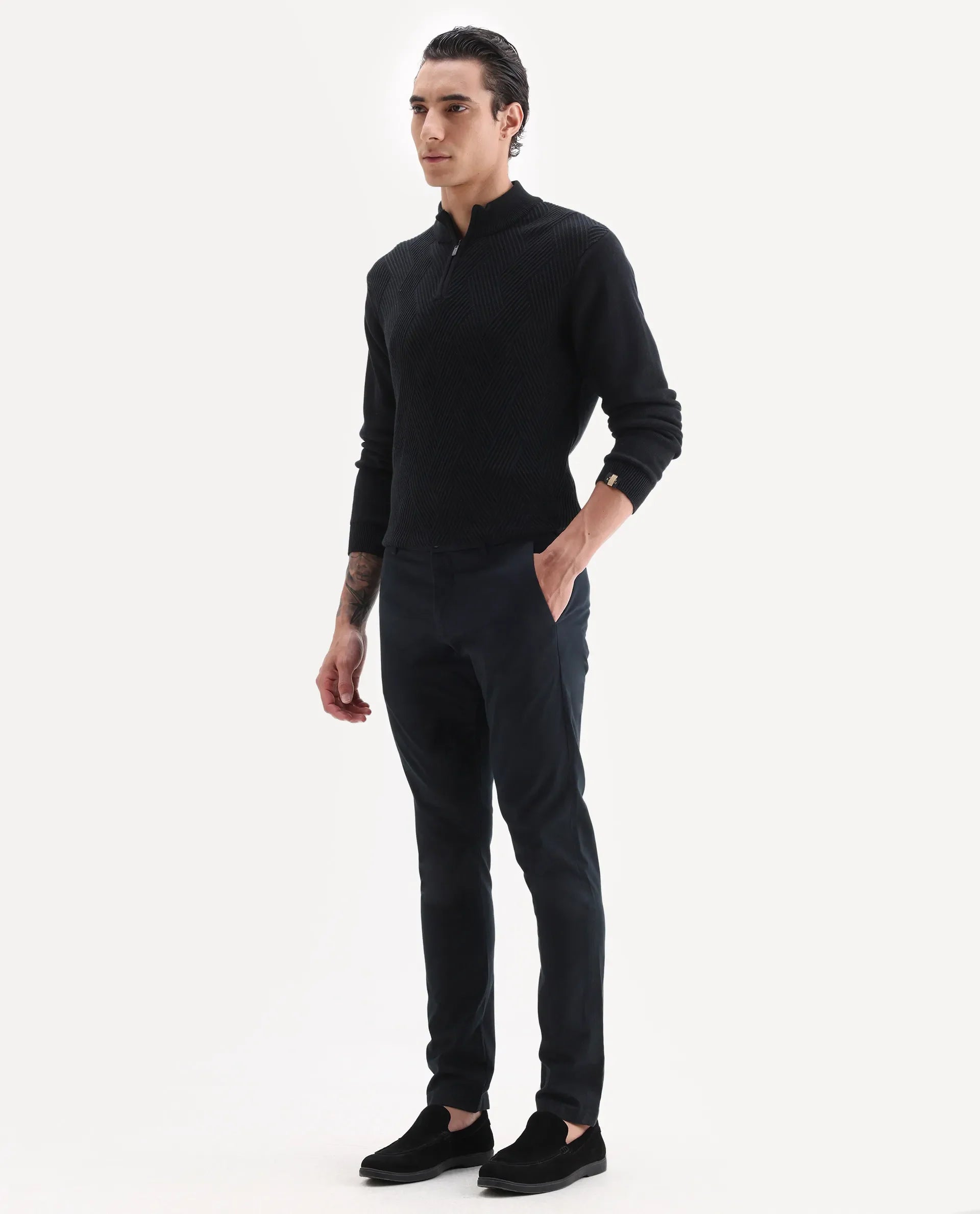 Rare Rabbit Men's Trellis Black Cotton Plain Regular Fit Trouser