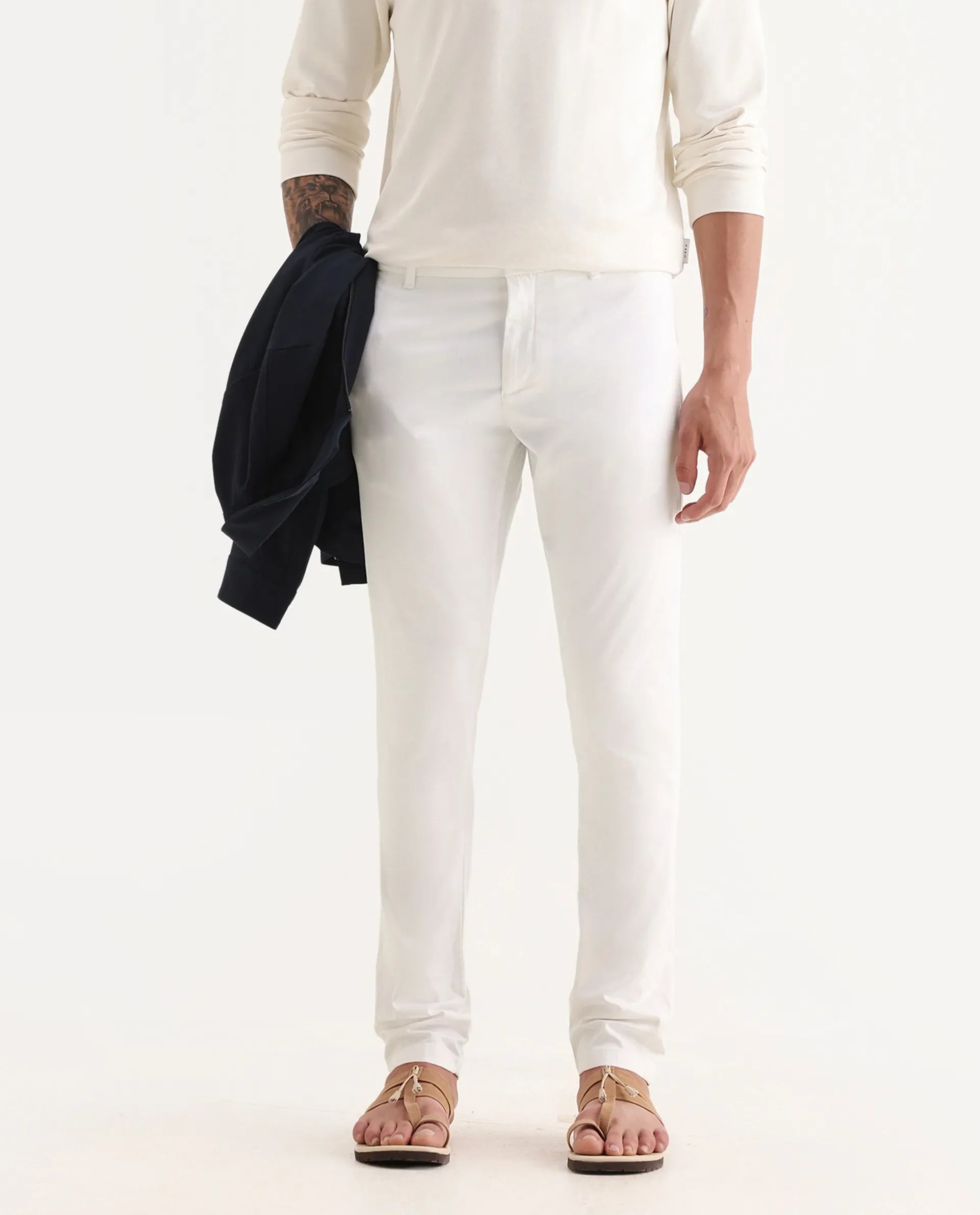 Rare Rabbit Men's Trellis White Cotton Plain Regular Fit Trouser