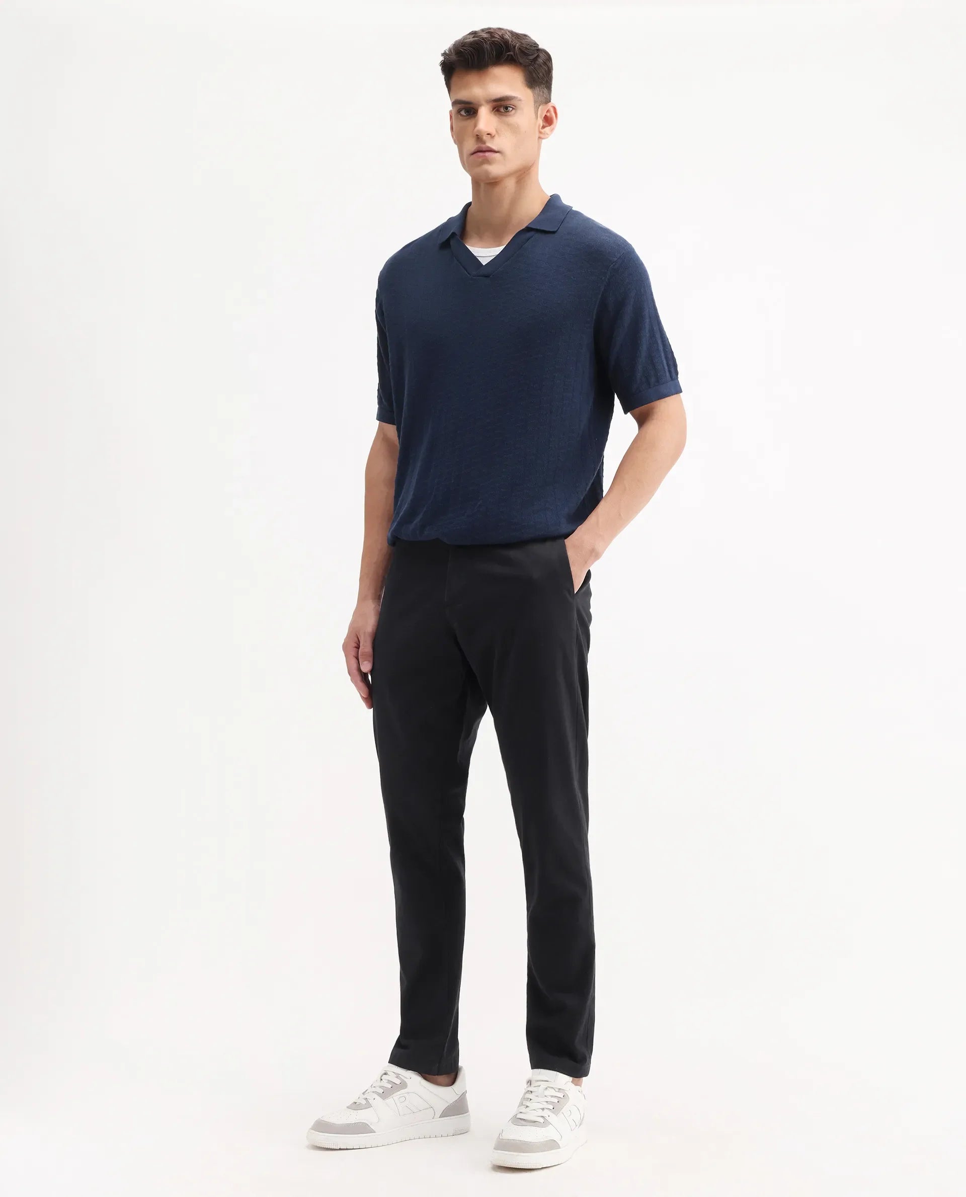 Rare Rabbit Men's Trello Black Cotton Blend Plain Regular Fit Trouser
