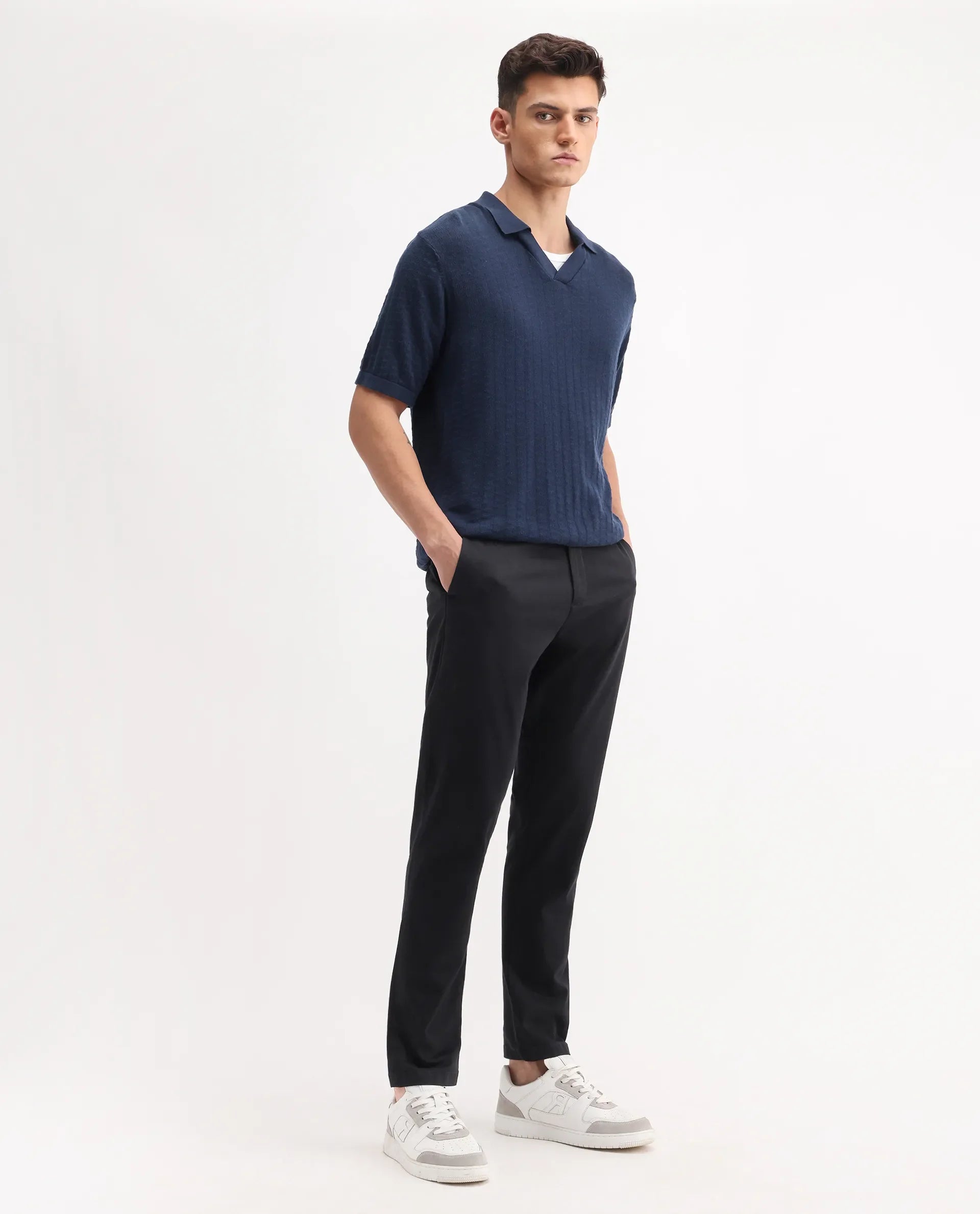 Rare Rabbit Men's Trello Black Cotton Blend Plain Regular Fit Trouser