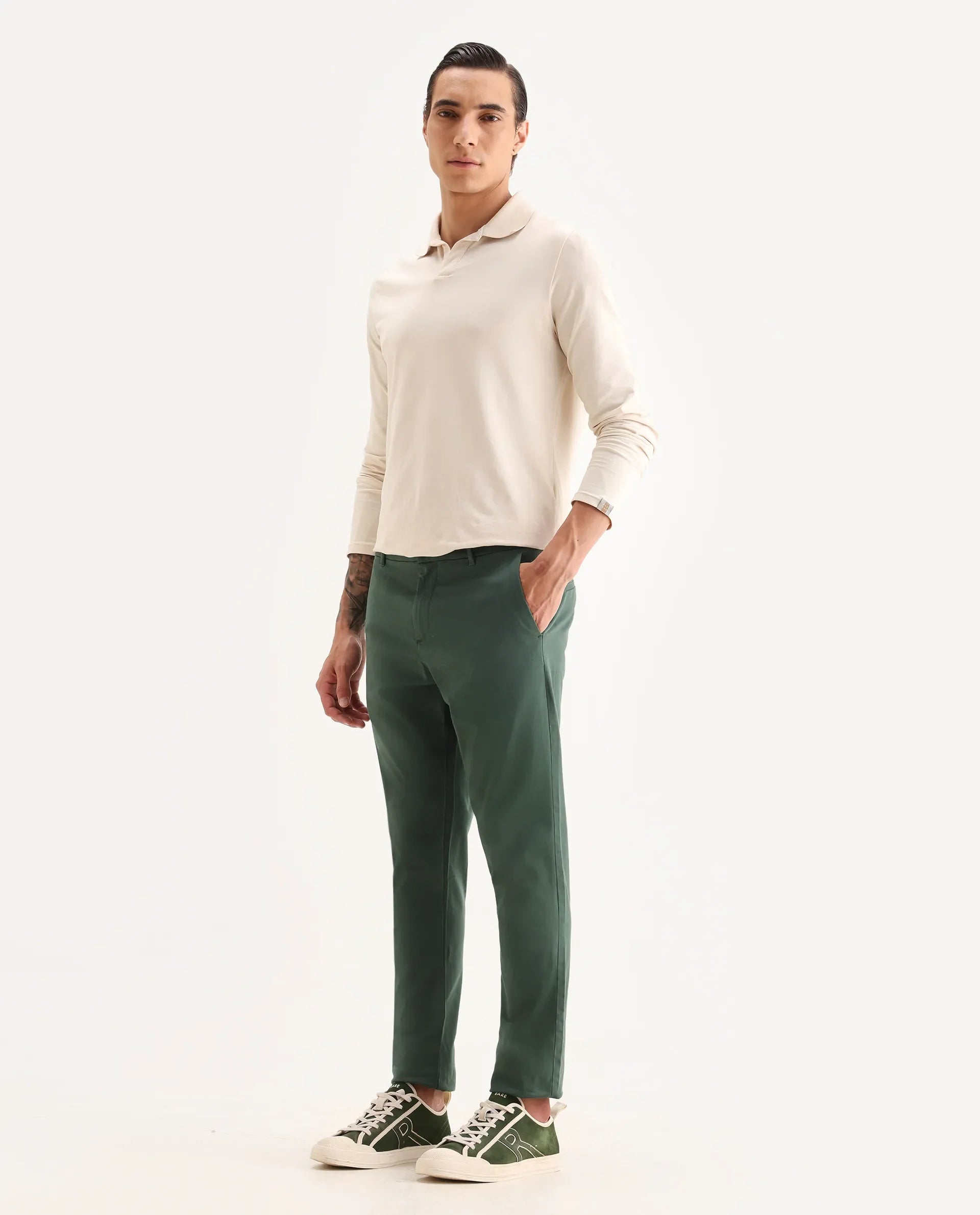 Rare Rabbit Men's Trello Green Cotton Blend Plain Regular Fit Trouser