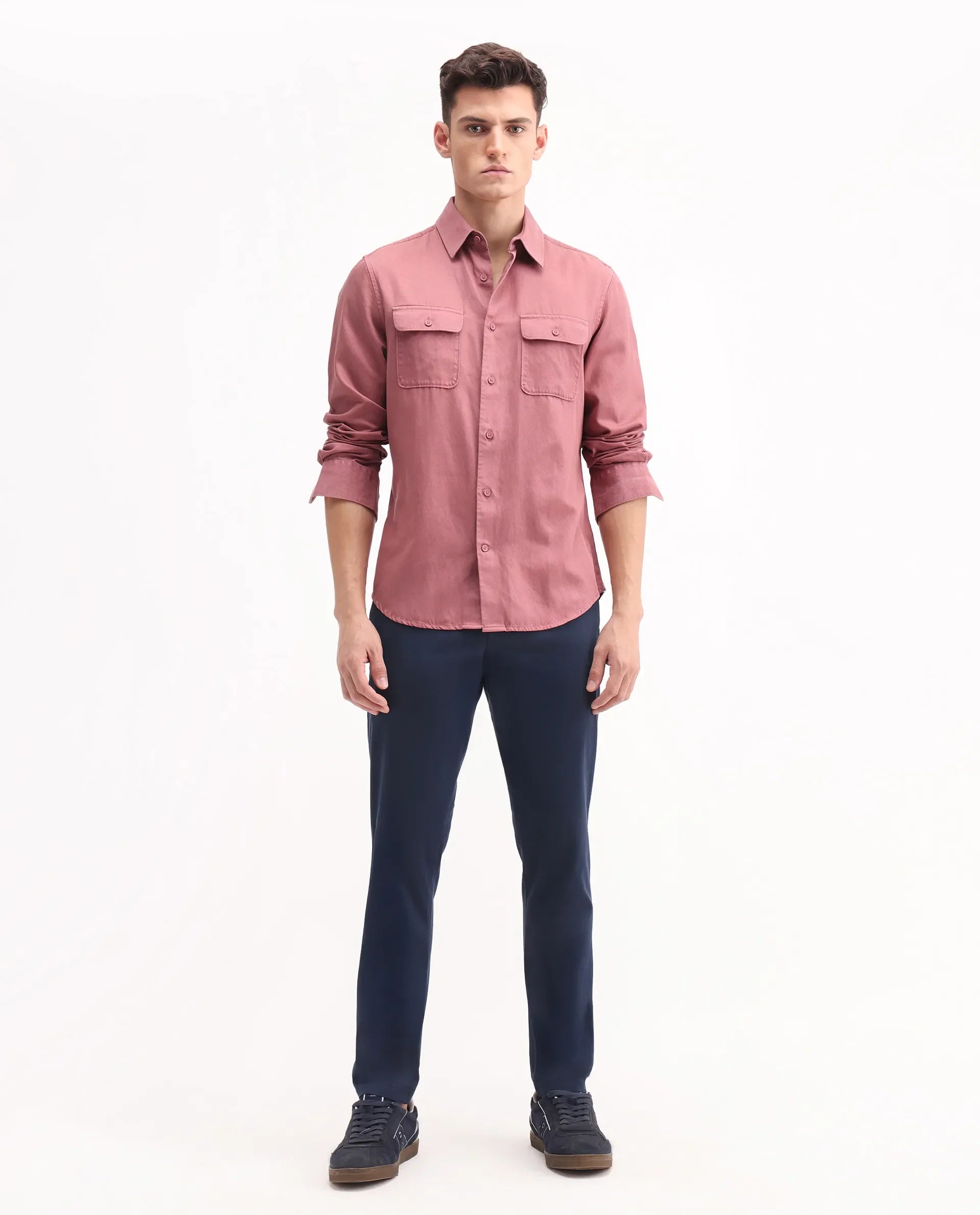 Rare Rabbit Men's Trello Navy Cotton Blend Plain Regular Fit Trouser