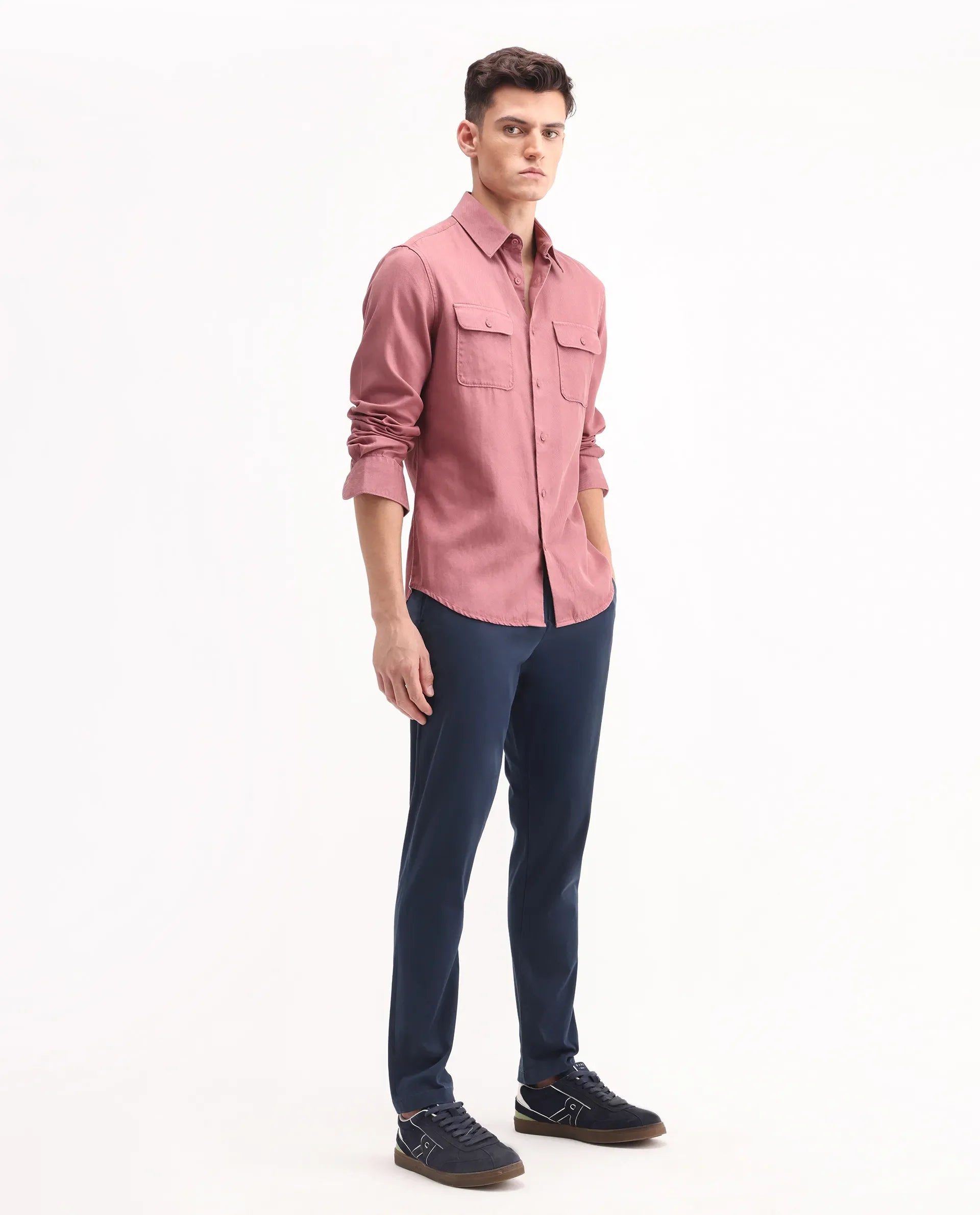 Rare Rabbit Men's Trello Navy Cotton Blend Plain Regular Fit Trouser